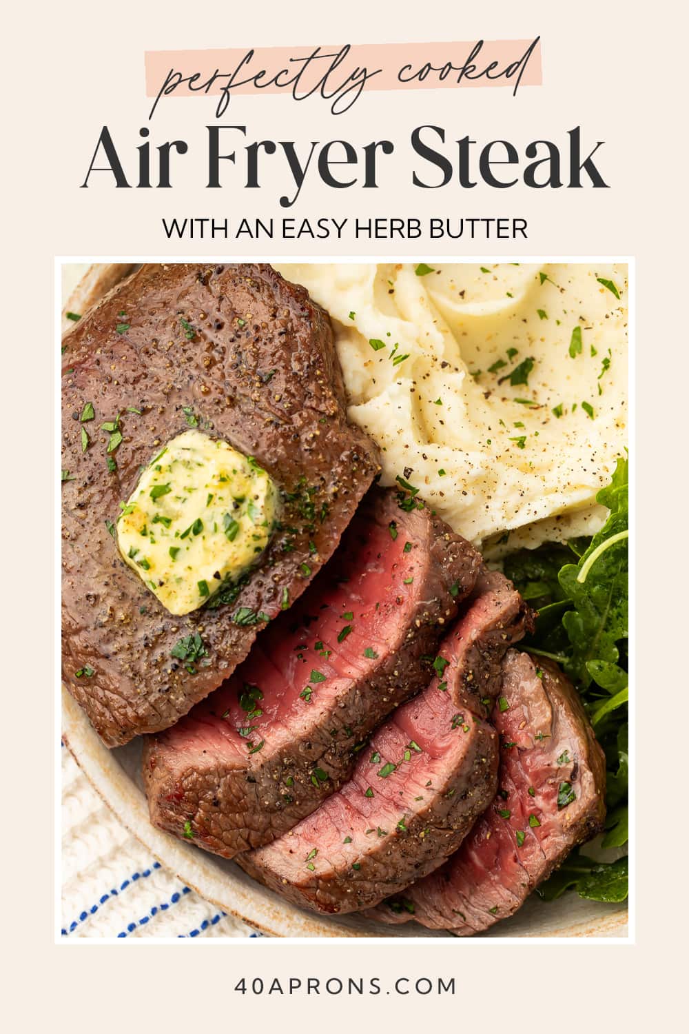 Pin graphic for air fryer steak.