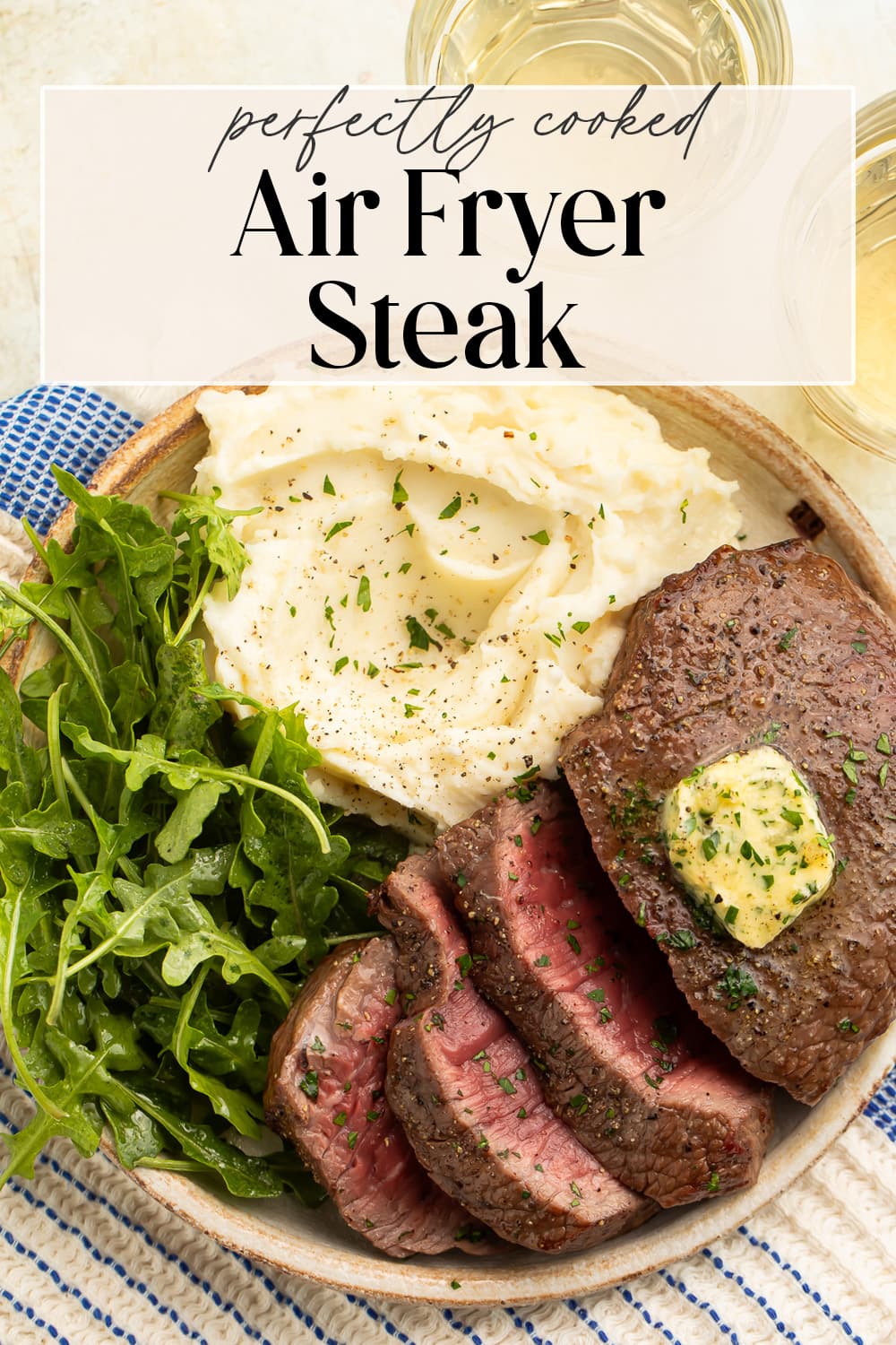 Pin graphic for air fryer steak.