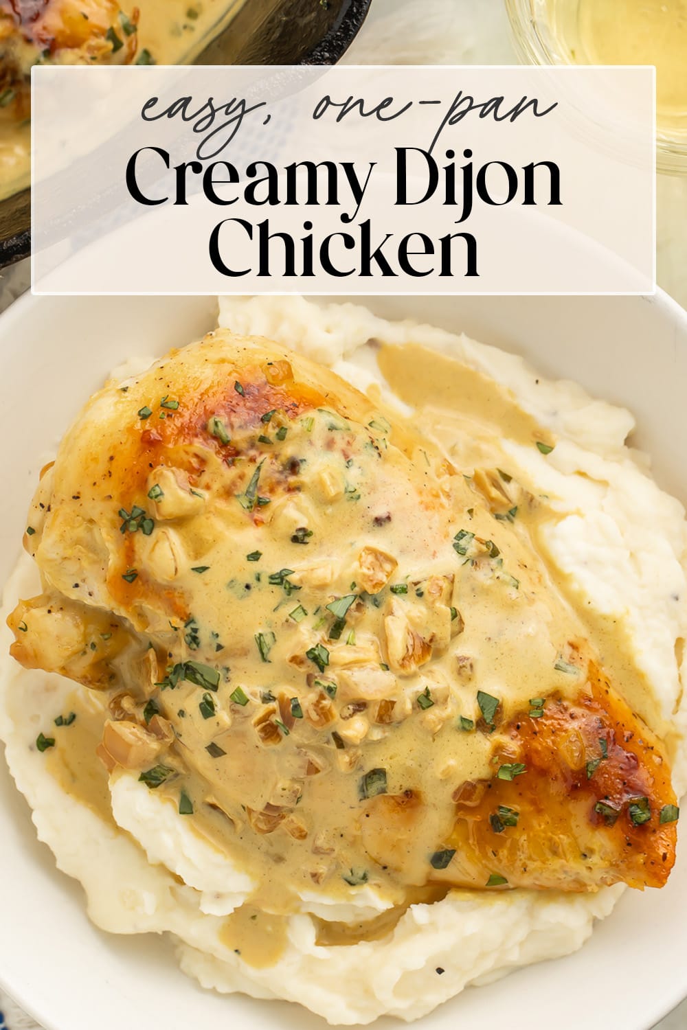Pin graphic for creamy Dijon chicken.