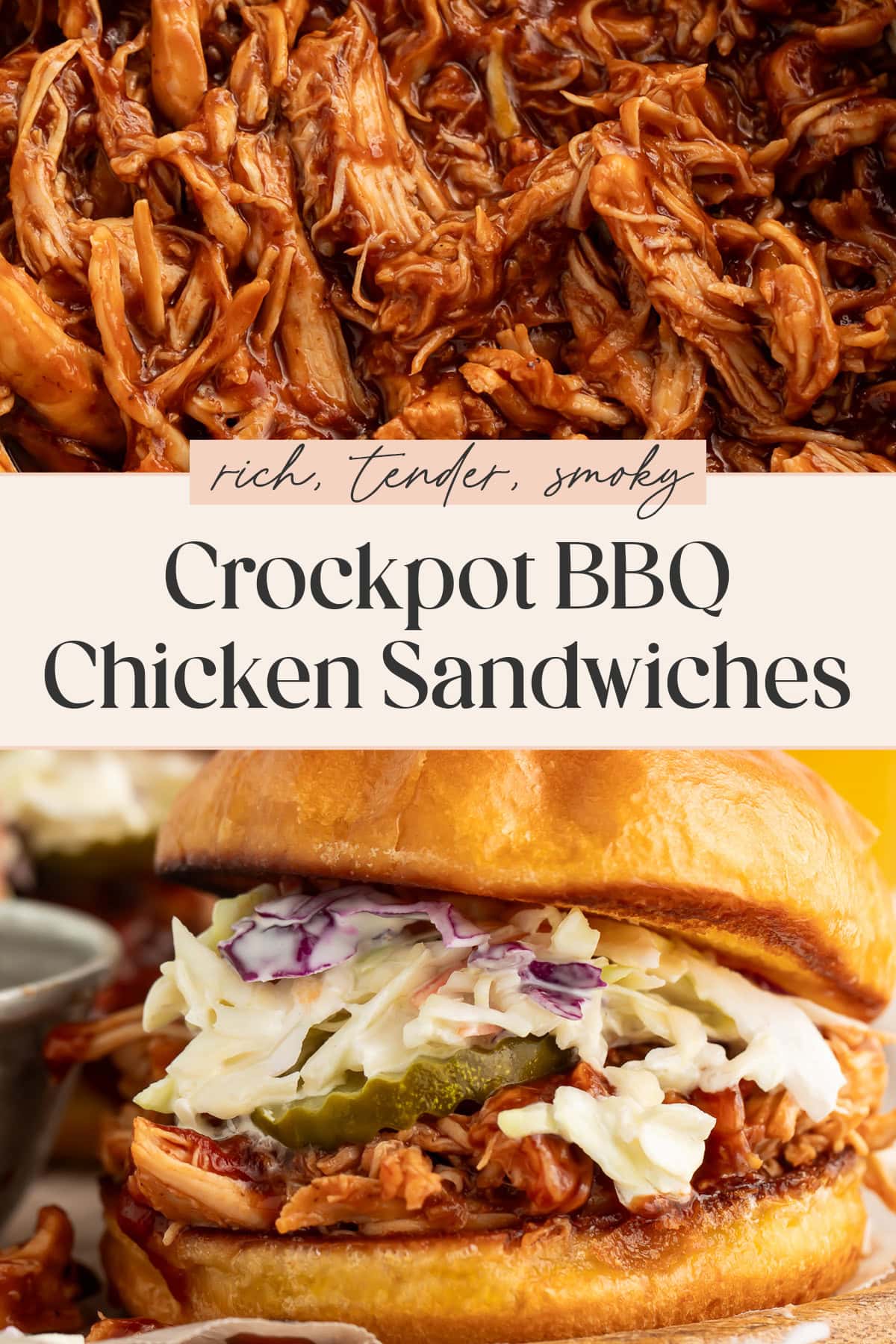 Pin graphic for Crockpot BBQ chicken sandwiches.
