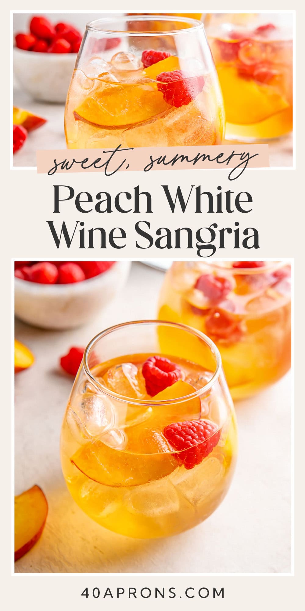 Pin graphic for peach white wine sangria.