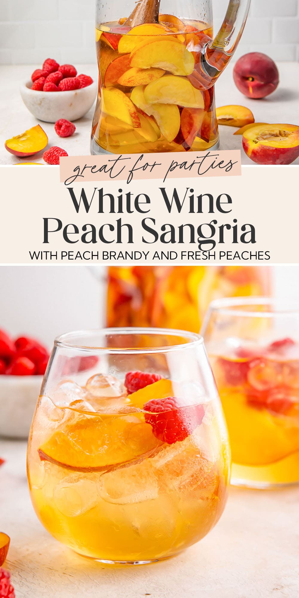 Pin graphic for peach white wine sangria.