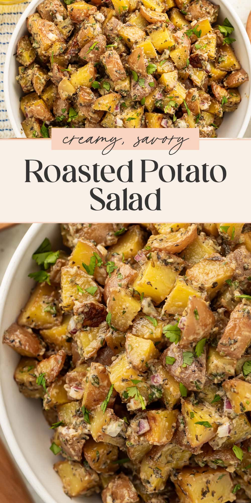 Pin graphic for roasted potato salad.