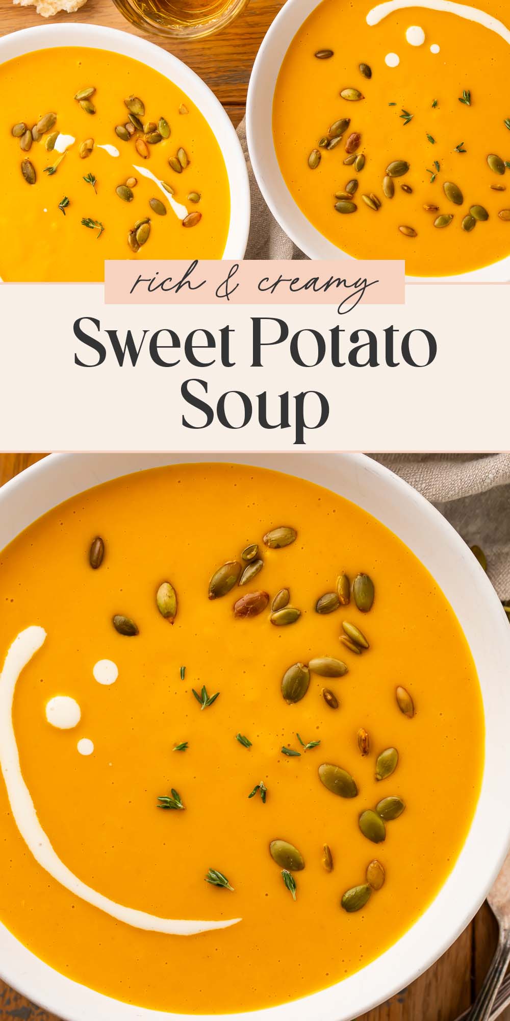 Pin graphic for sweet potato soup.