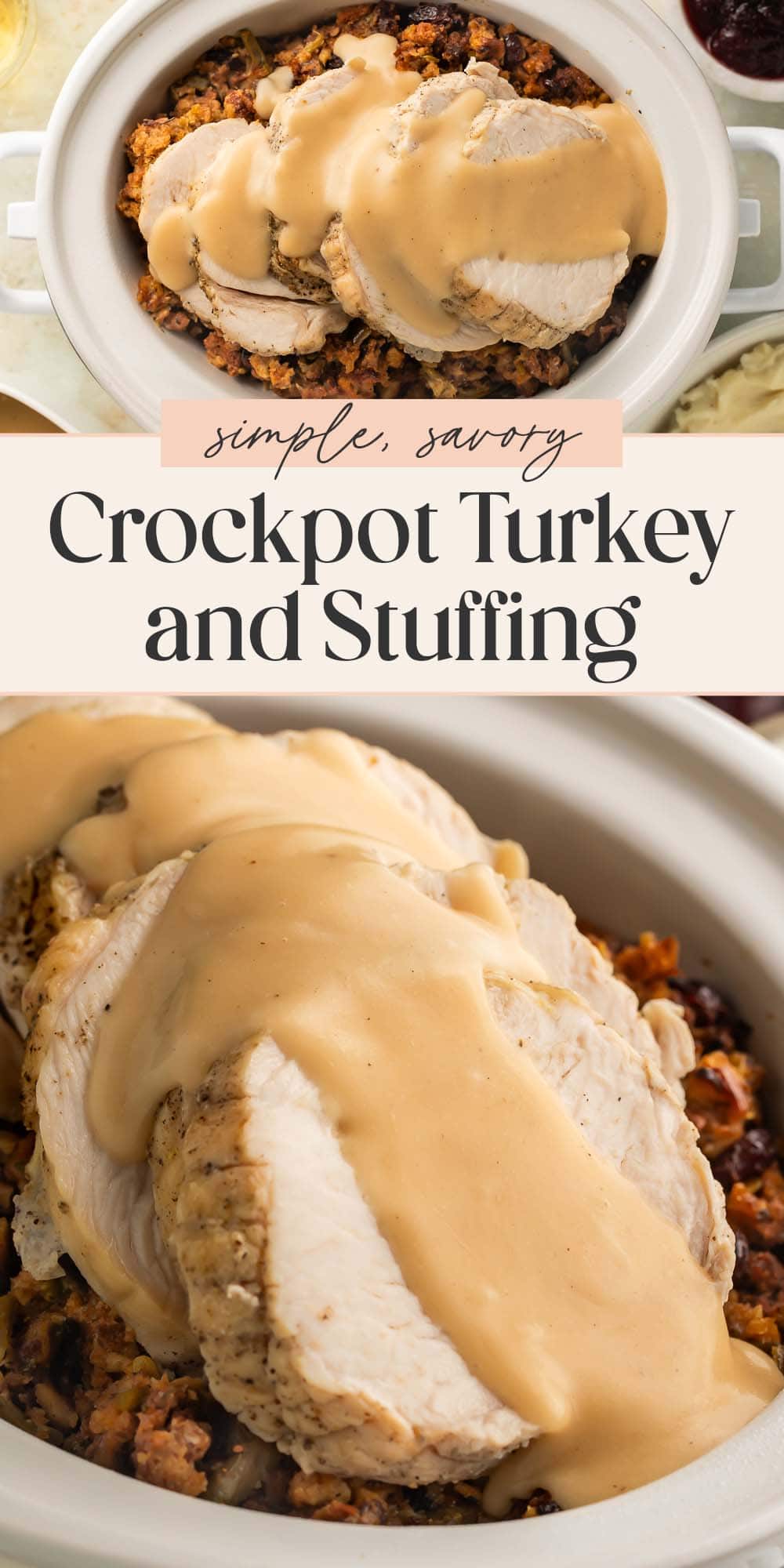 Pin graphic for Crockpot turkey and stuffing.