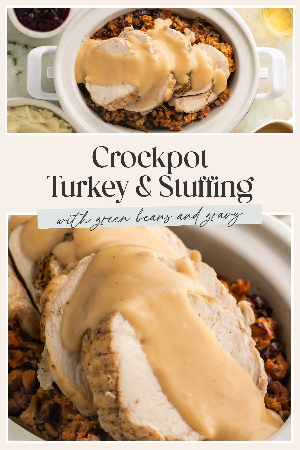 Pin graphic for Crockpot turkey and stuffing.