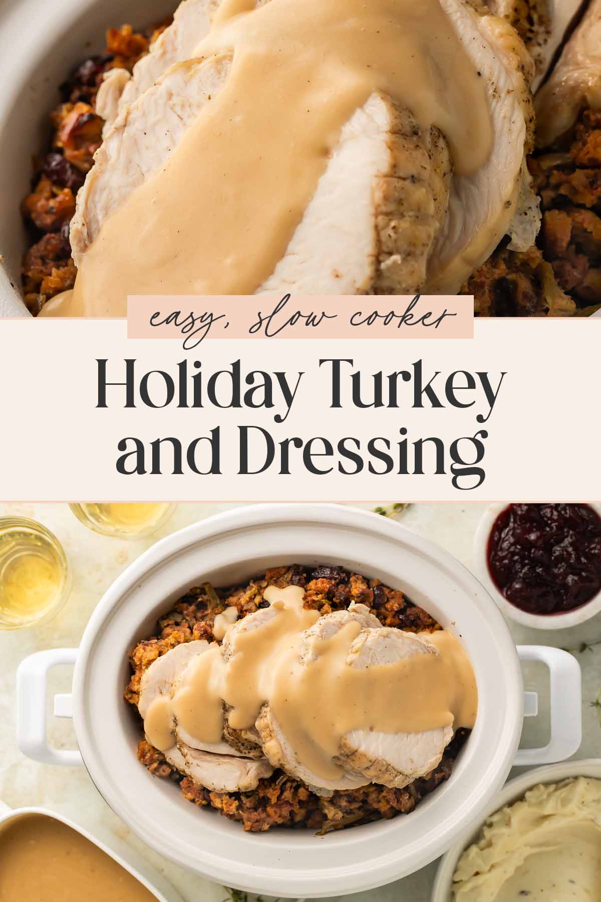 Pin graphic for Crockpot turkey and stuffing.