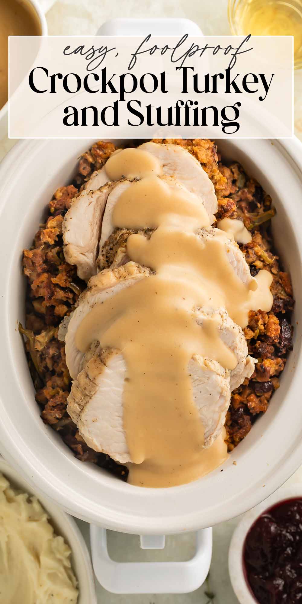 Pin graphic for Crockpot turkey and stuffing.