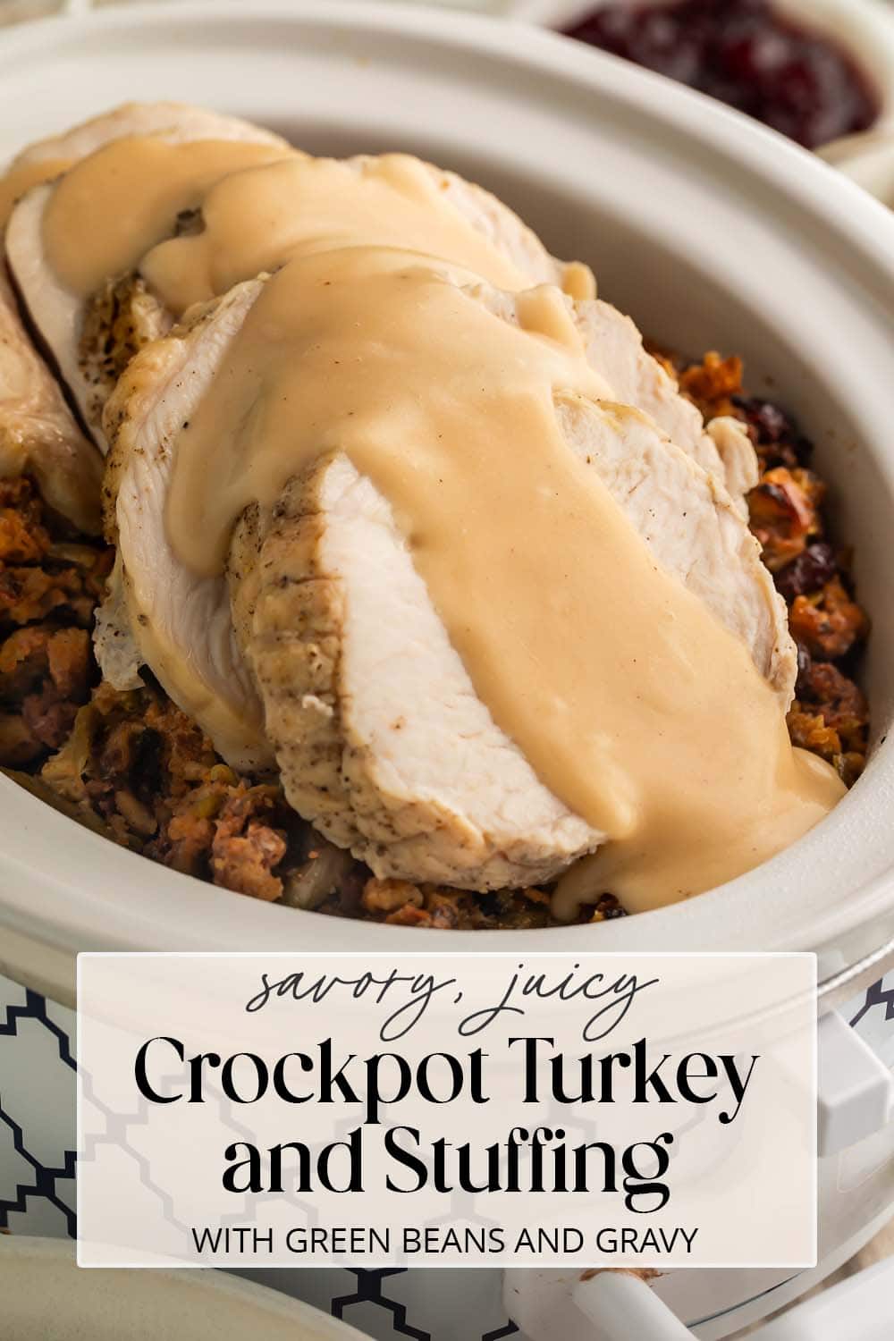 Pin graphic for Crockpot turkey and stuffing.