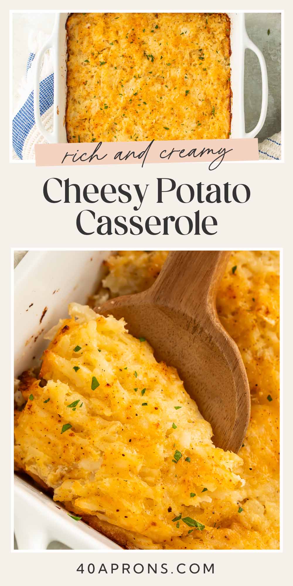 Pin graphic for cheesy potato casserole.