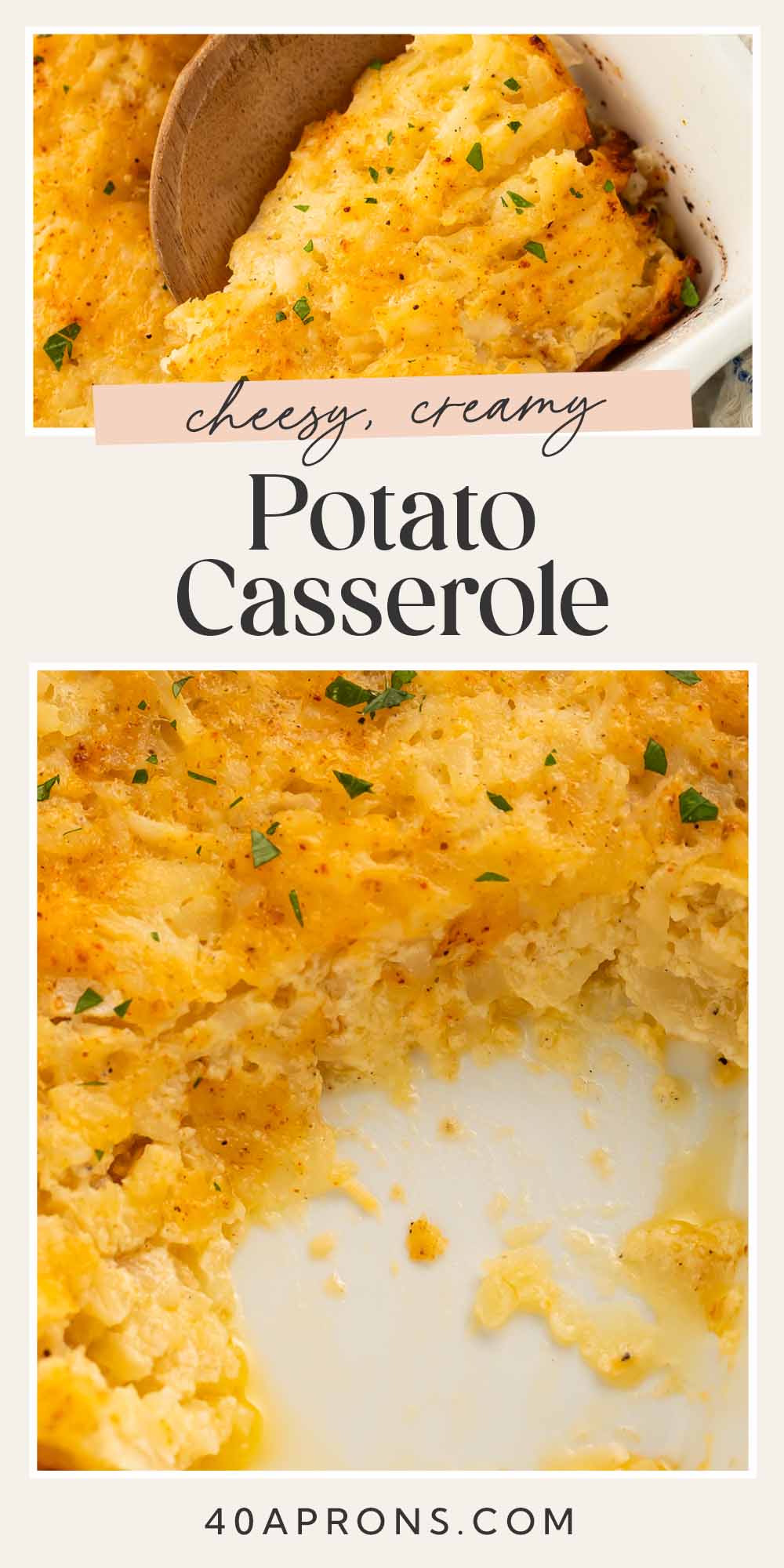 Pin graphic for cheesy potato casserole.