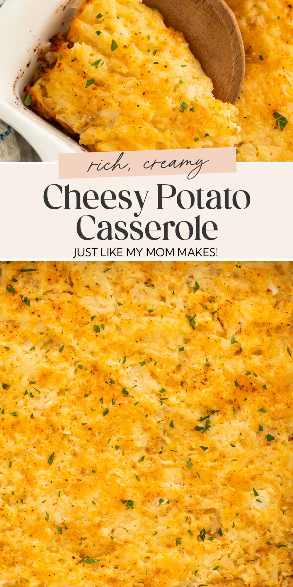 Pin graphic for cheesy potato casserole.