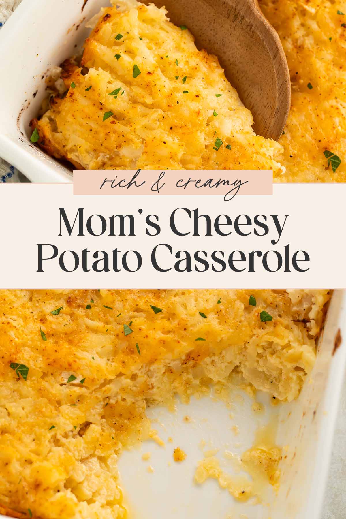 Pin graphic for cheesy potato casserole.