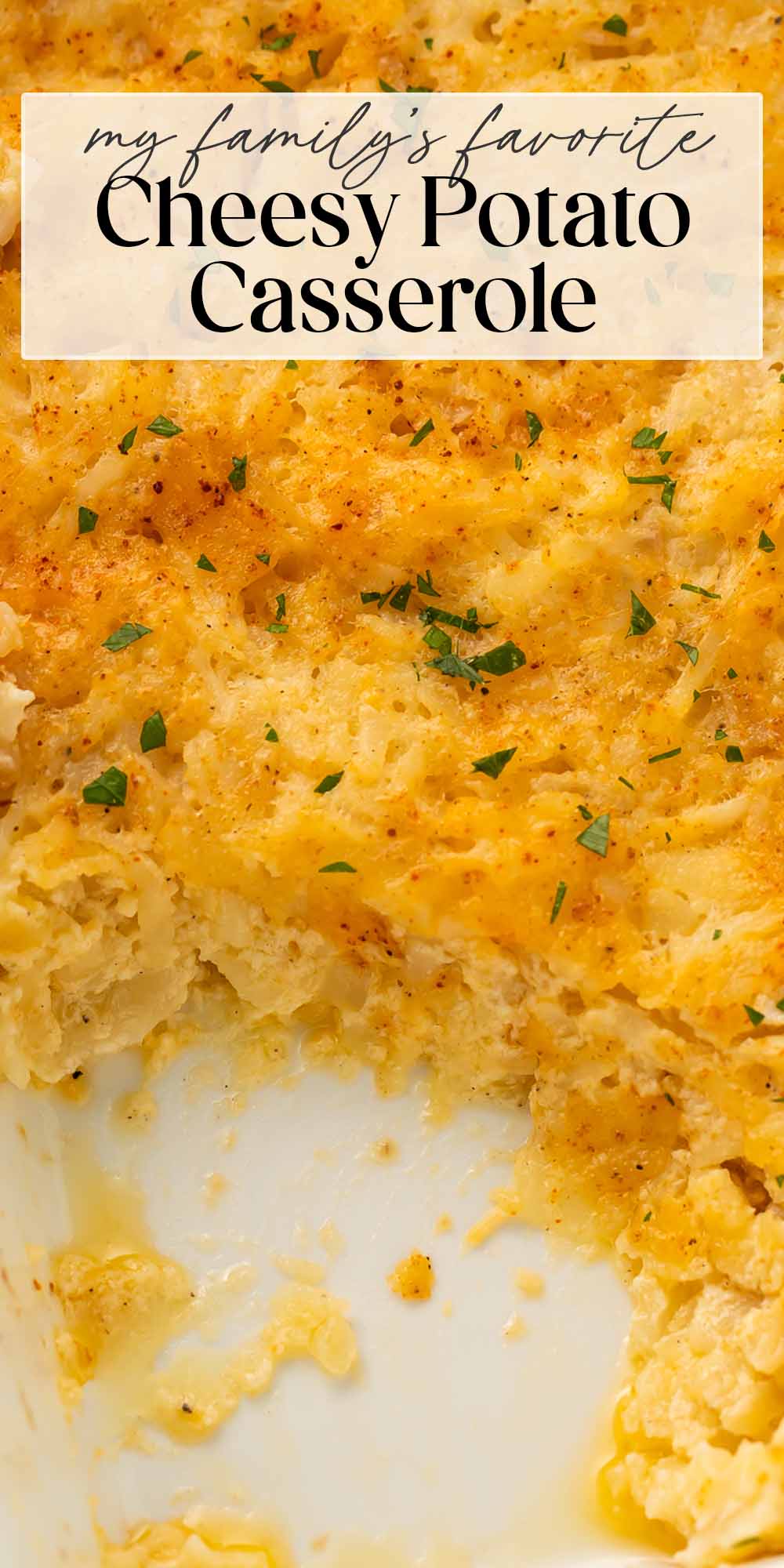 Pin graphic for cheesy potato casserole.