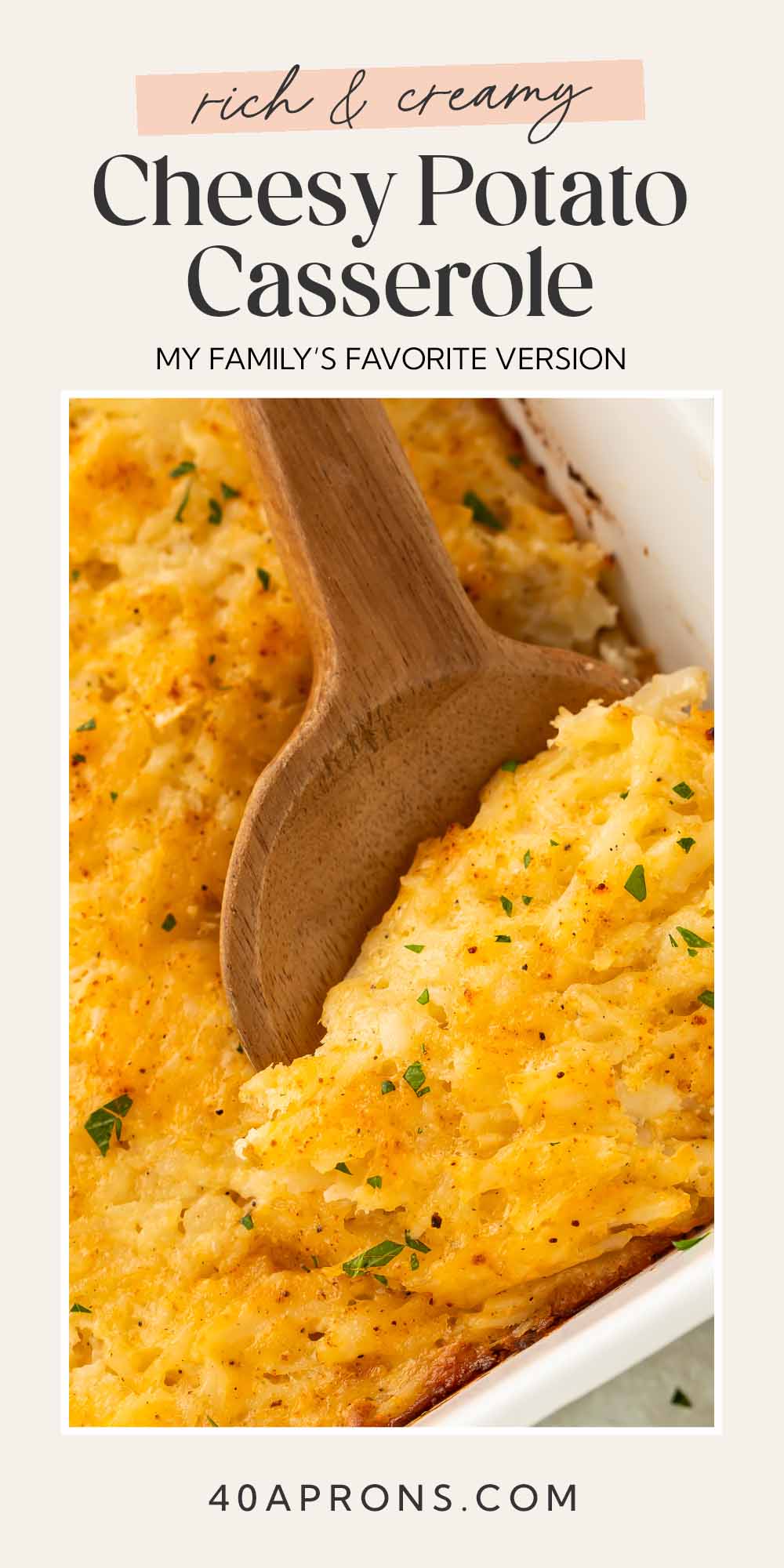 Pin graphic for cheesy potato casserole.