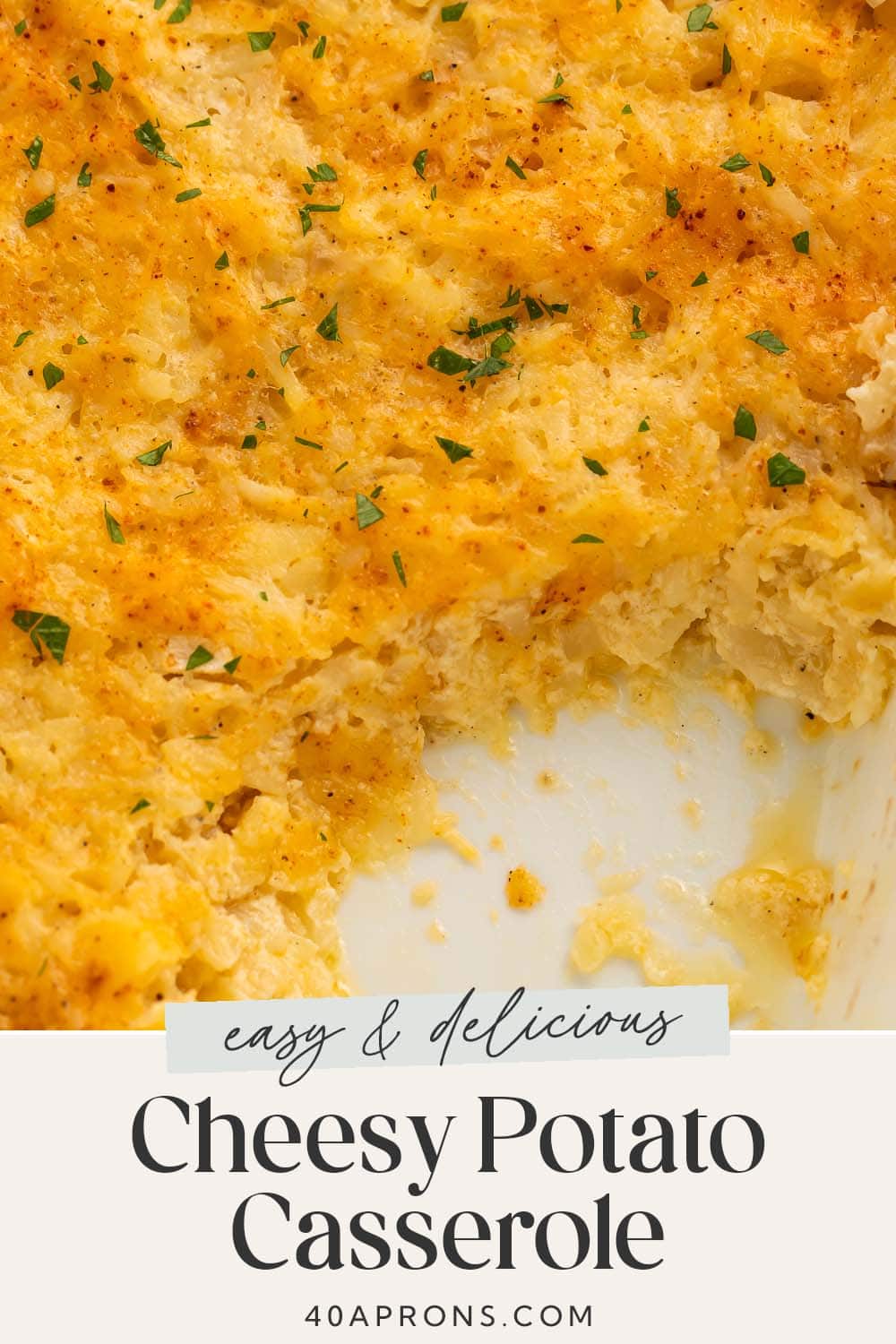 Pin graphic for cheesy potato casserole.