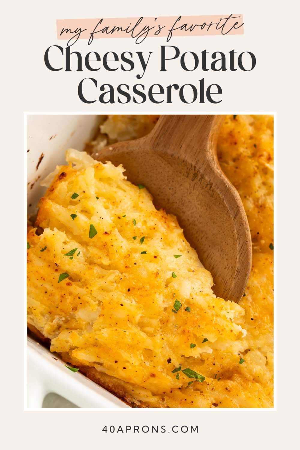 Pin graphic for cheesy potato casserole.