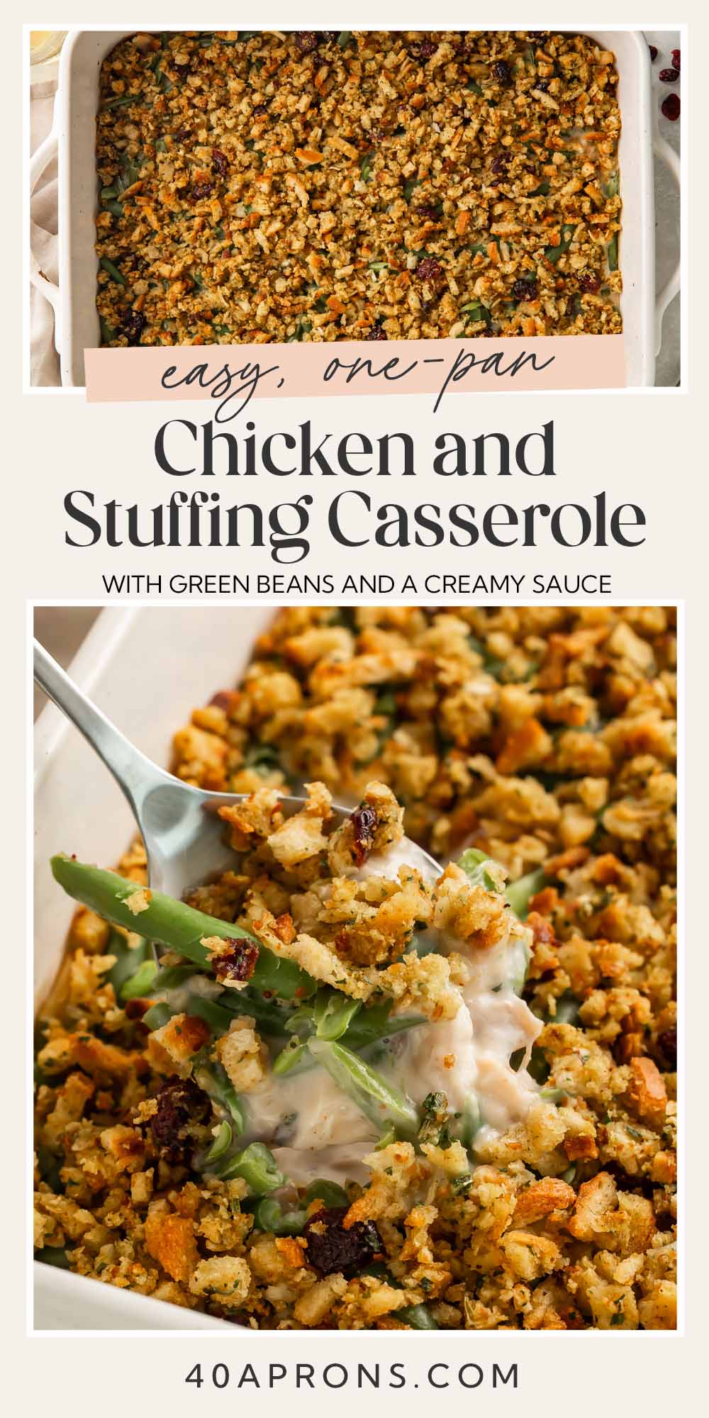 Pin graphic for chicken and stuffing casserole.