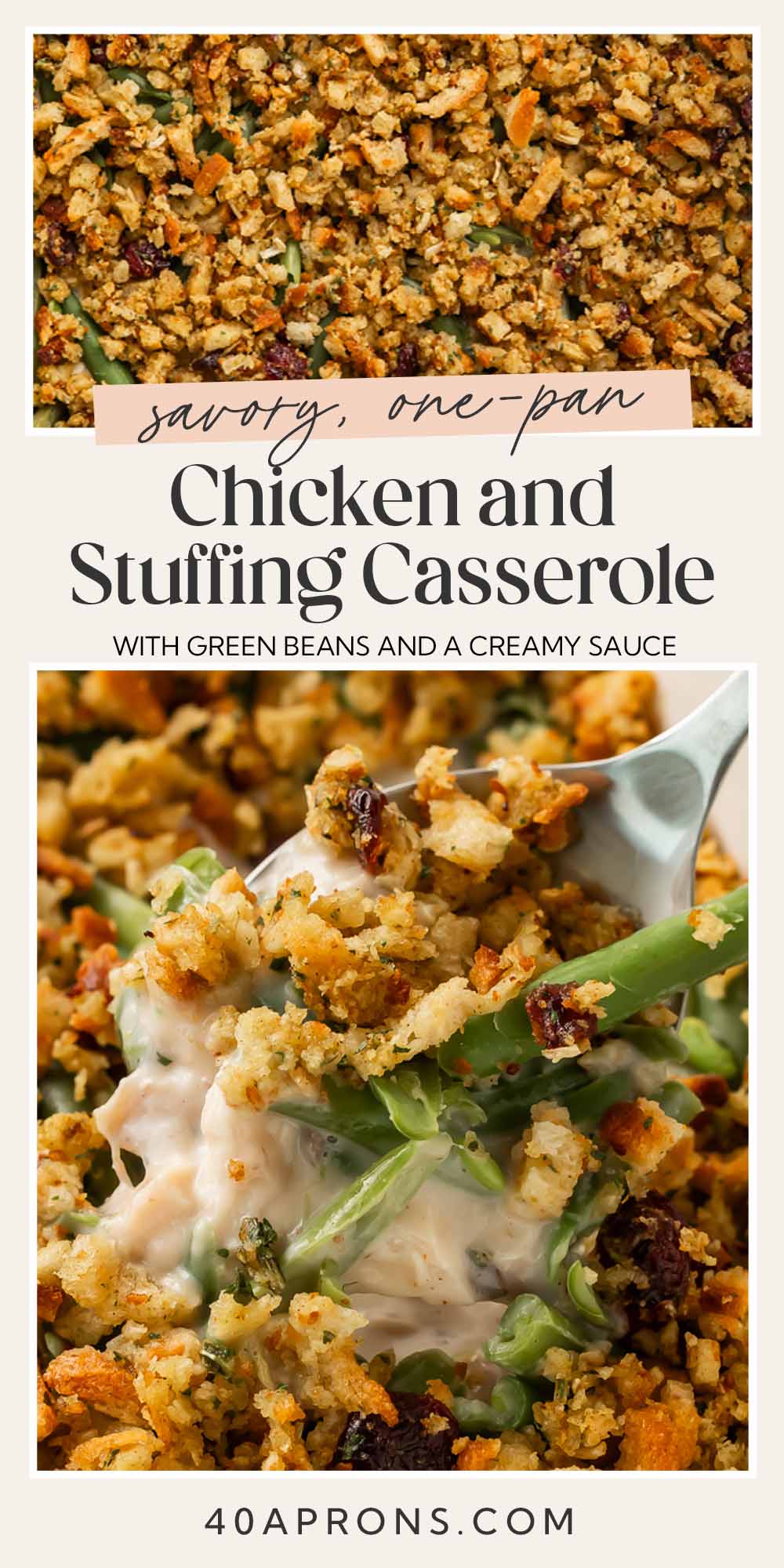 Pin graphic for chicken and stuffing casserole.