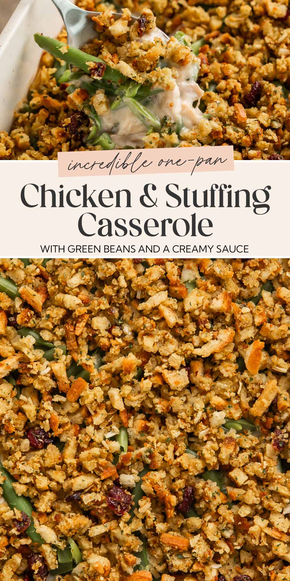 Pin graphic for chicken and stuffing casserole.