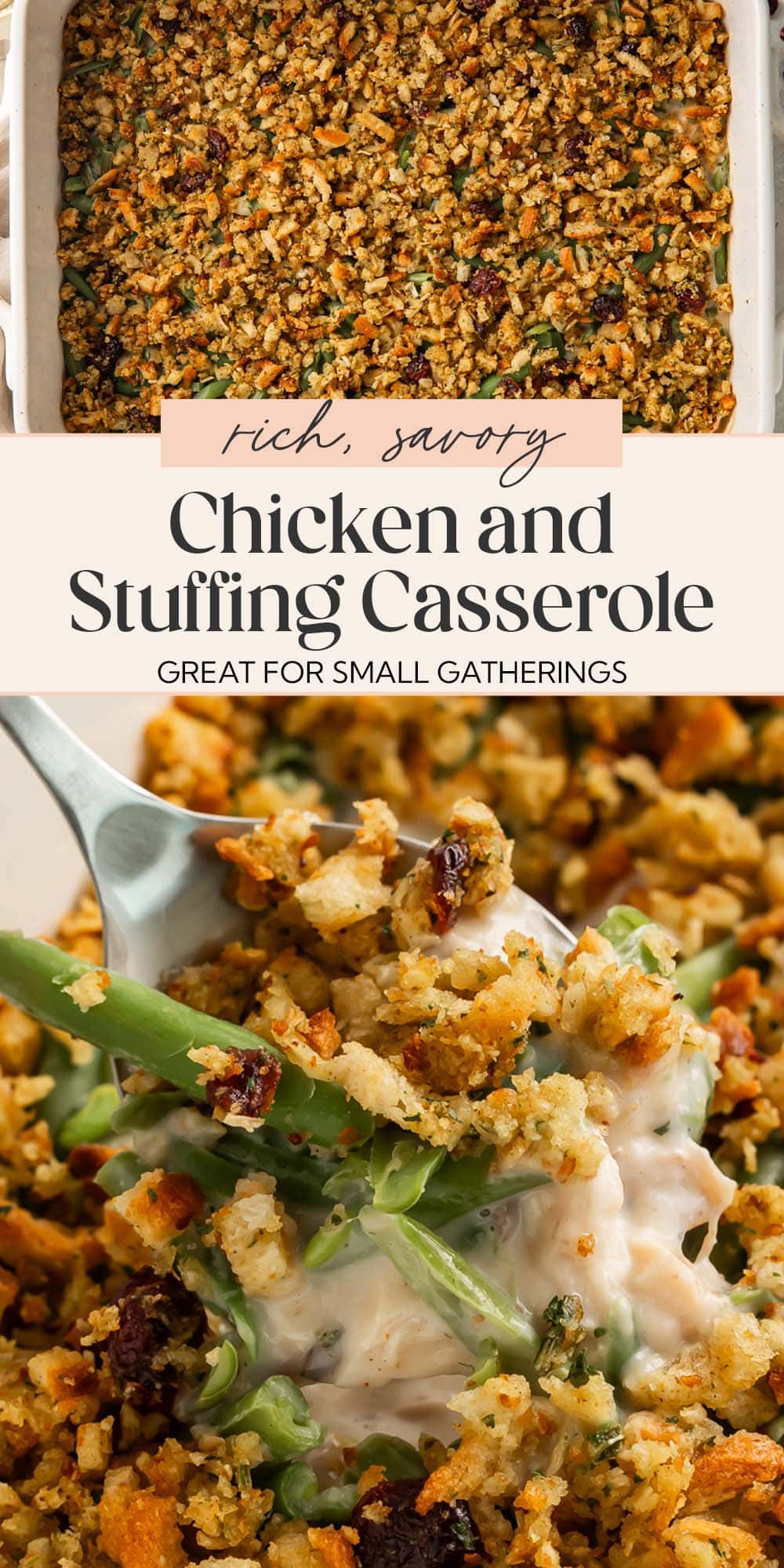 Pin graphic for chicken and stuffing casserole.