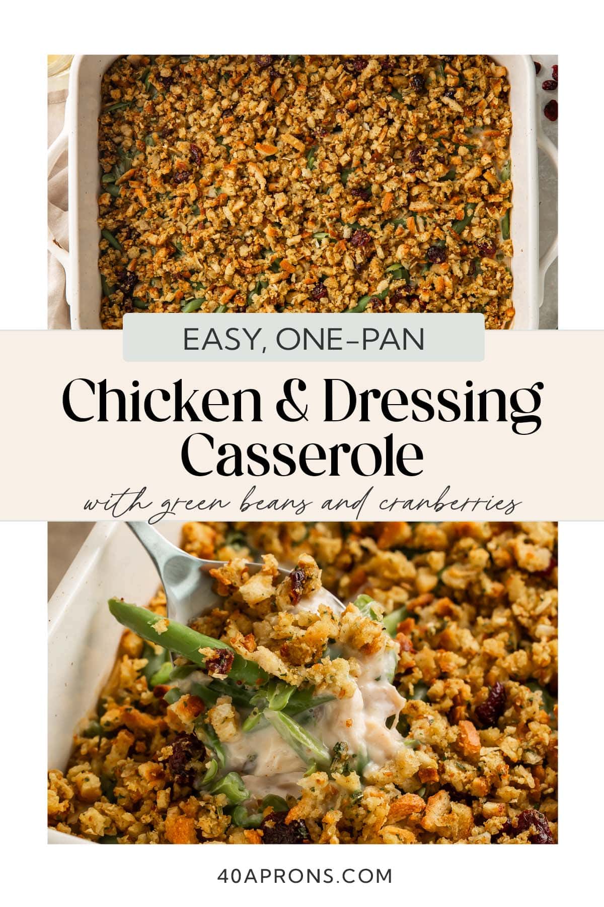 Pin graphic for chicken and stuffing casserole.