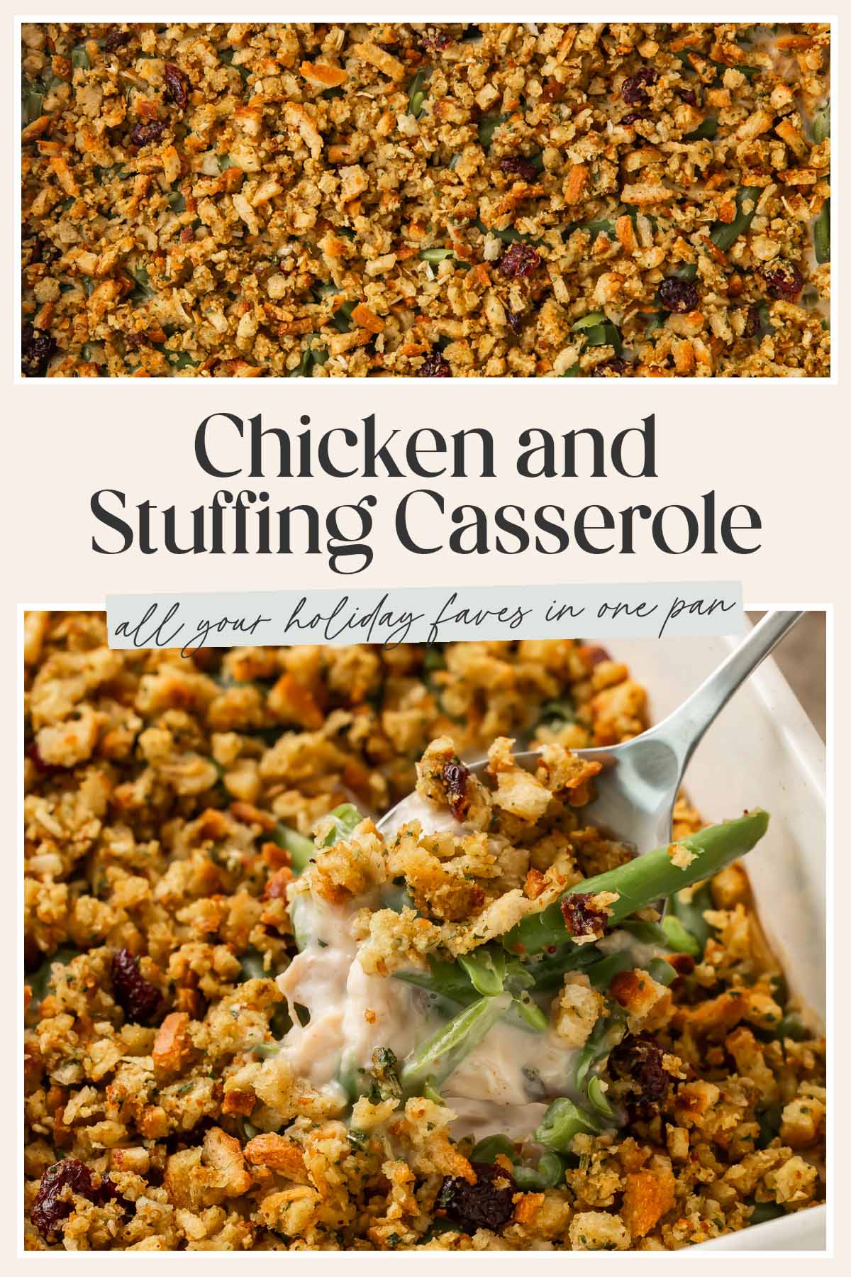 Pin graphic for chicken and stuffing casserole.