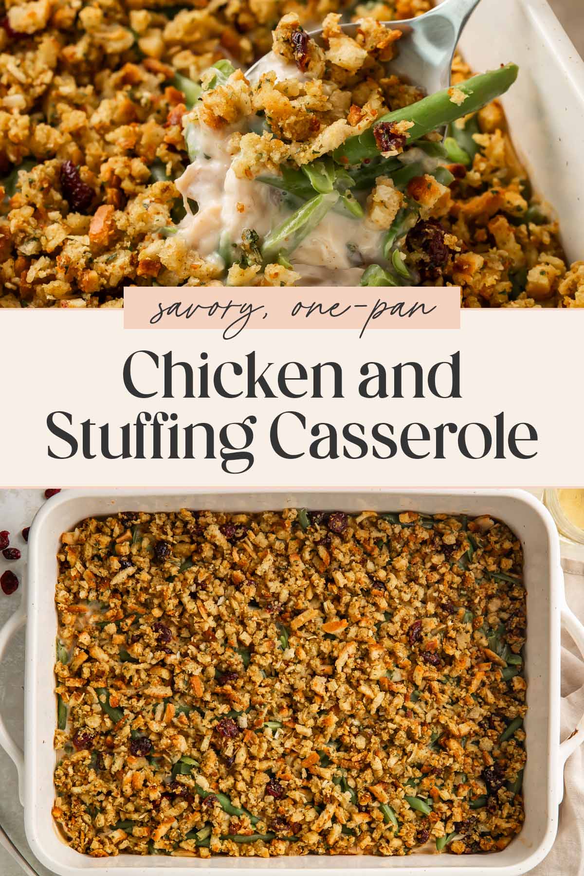 Pin graphic for chicken and stuffing casserole.