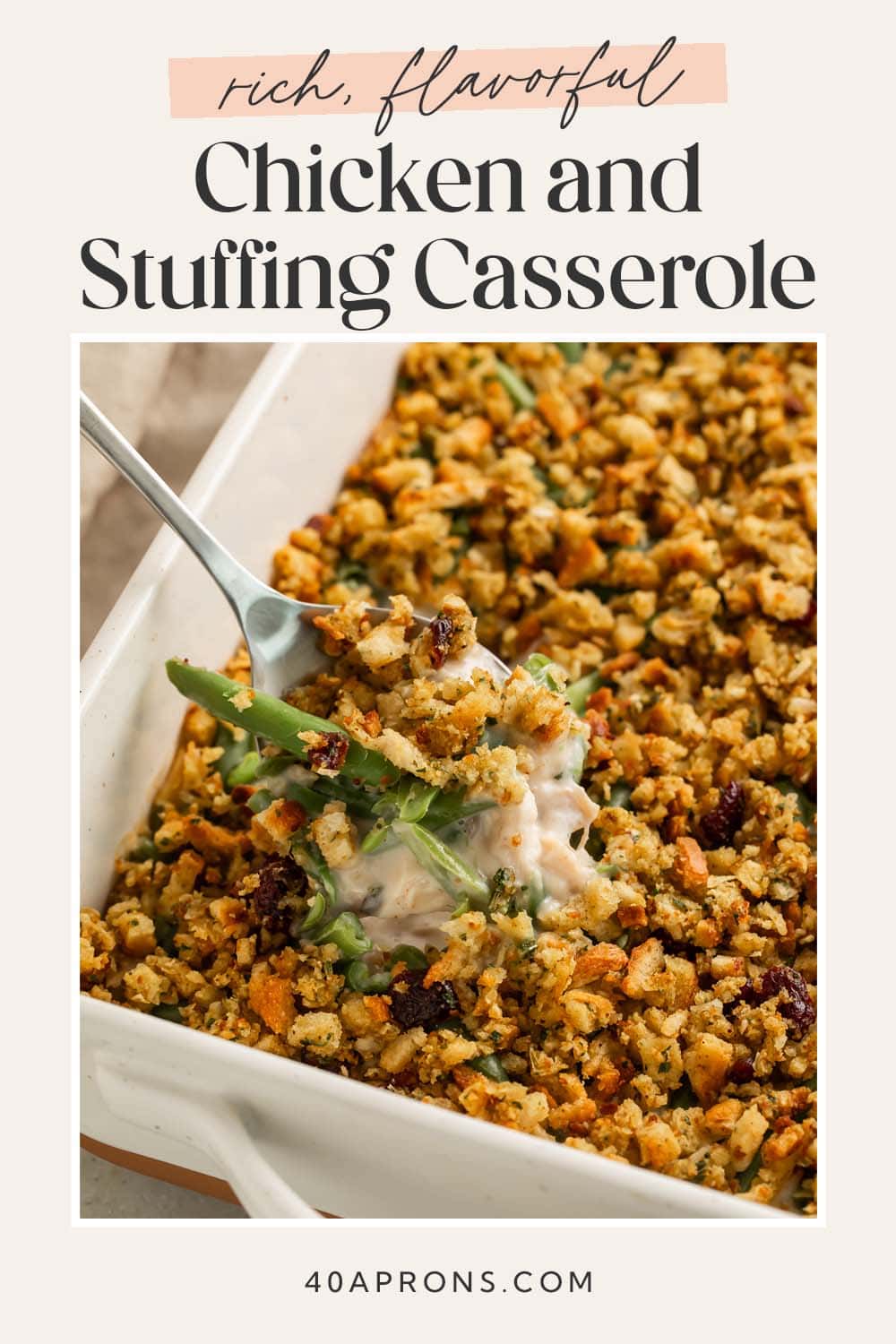 Pin graphic for chicken and stuffing casserole.