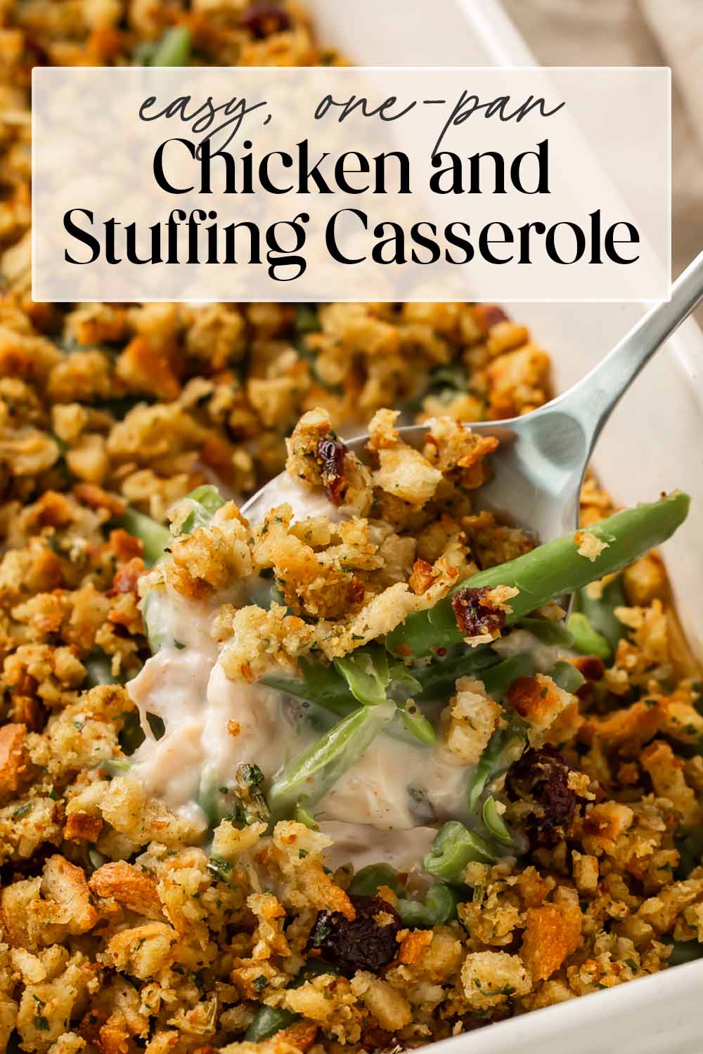 Pin graphic for chicken and stuffing casserole.