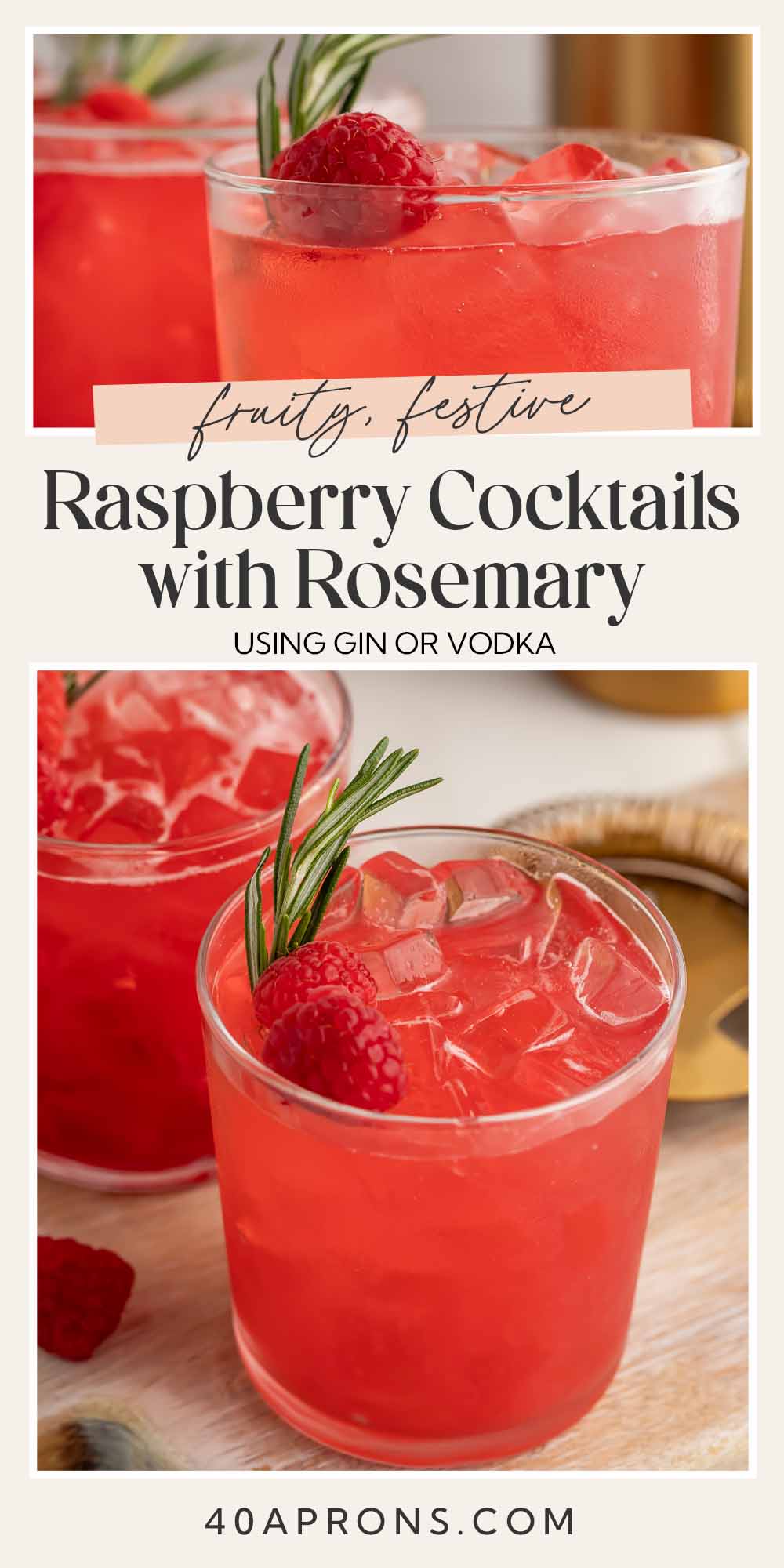 Pin graphic for raspberry cocktails with rosemary.