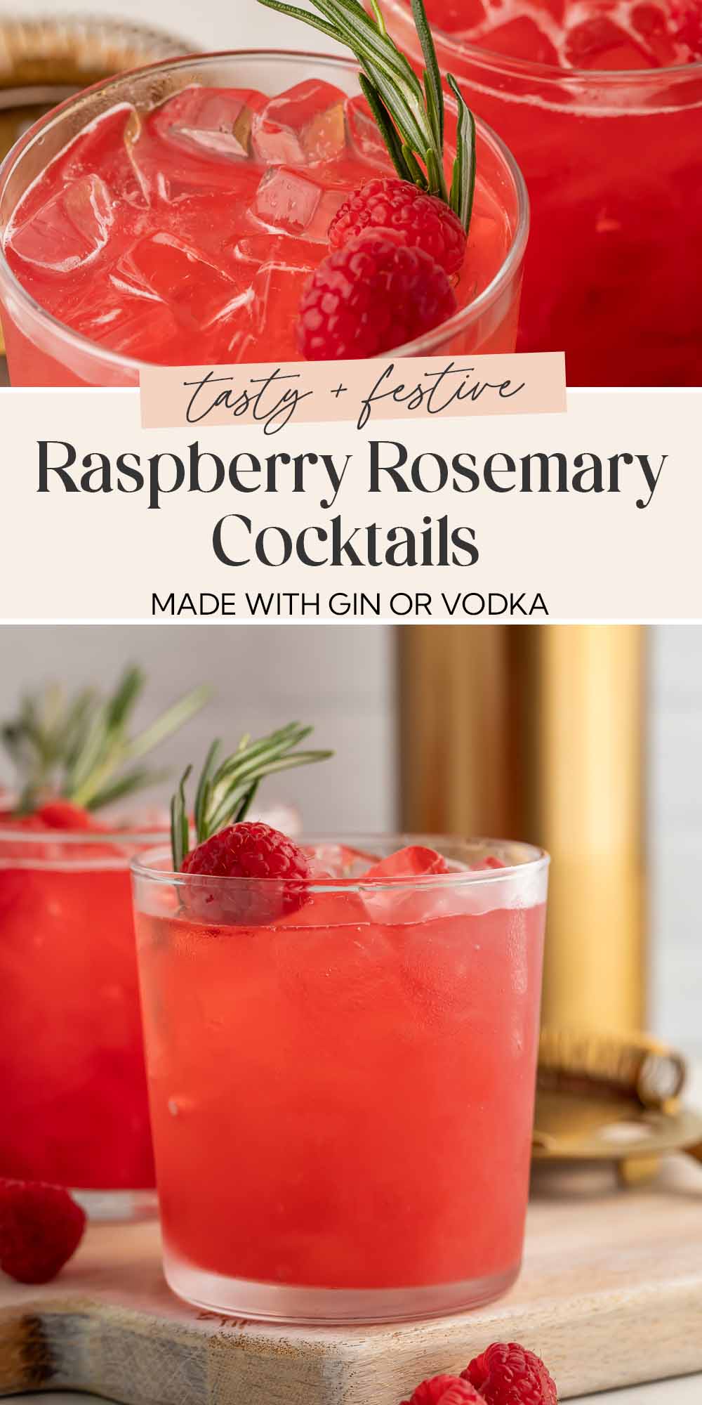 Pin graphic for raspberry cocktails with rosemary.