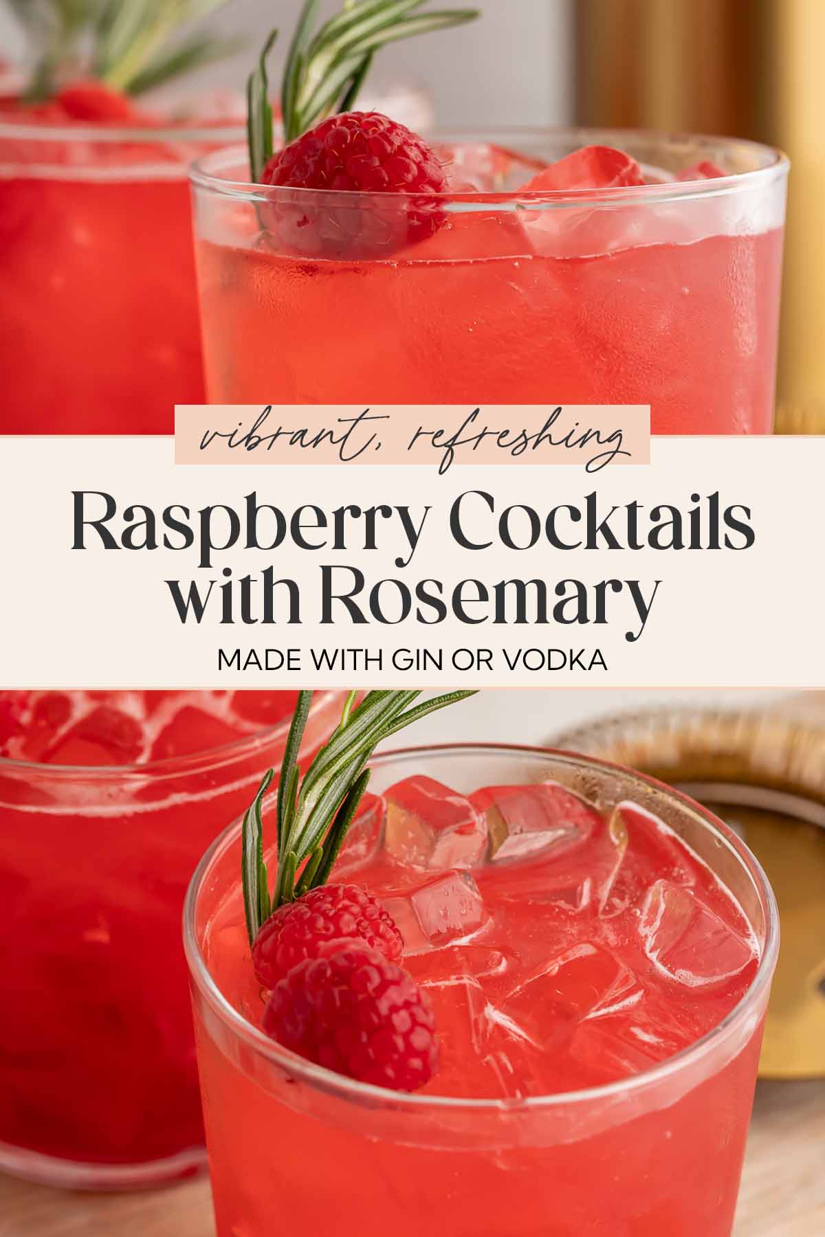 Pin graphic for raspberry cocktails with rosemary.