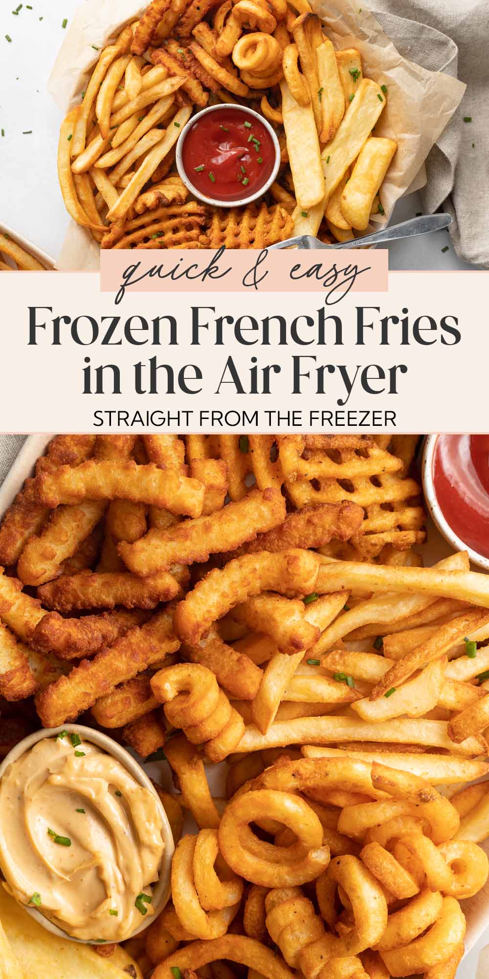 Pin graphic for air fryer frozen french fries.