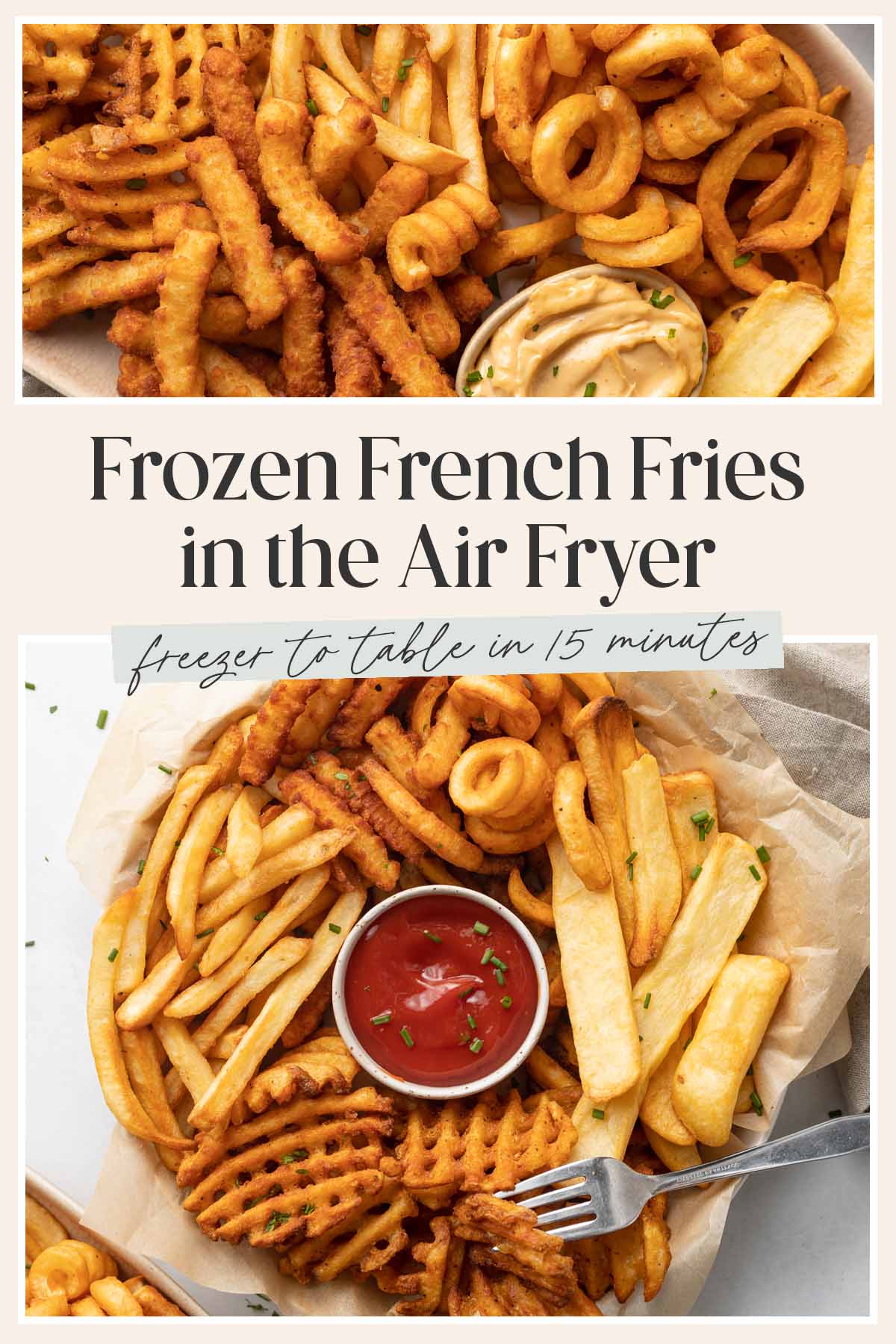 Pin graphic for air fryer frozen french fries.