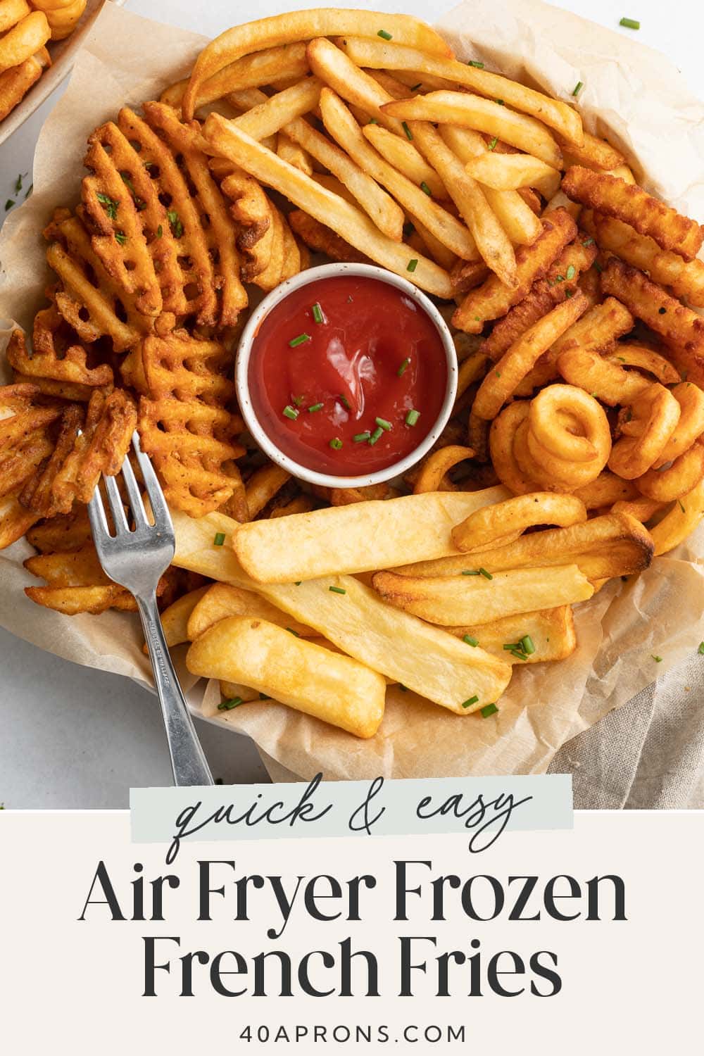 Pin graphic for air fryer frozen french fries.