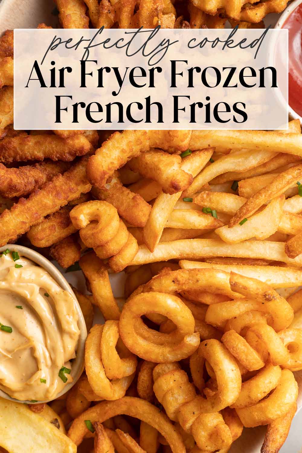 Pin graphic for air fryer frozen french fries.