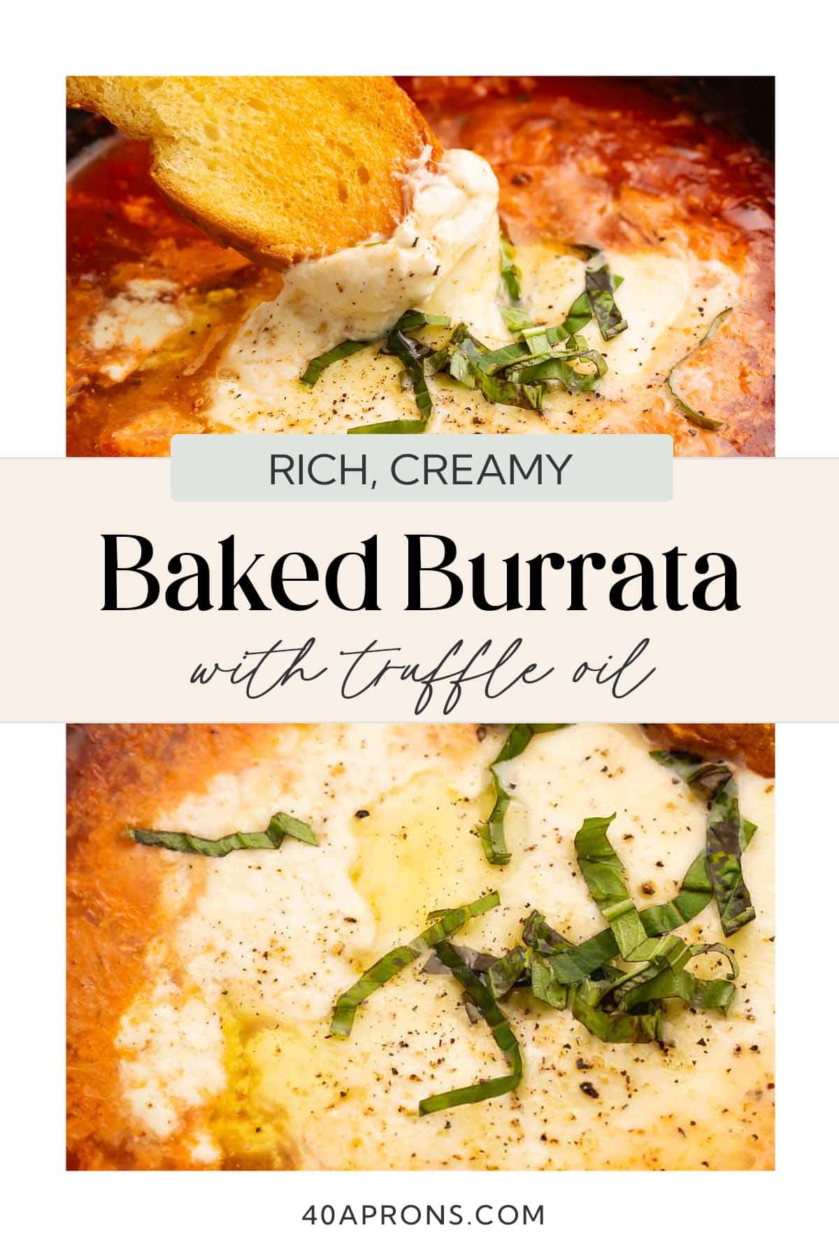 Pin graphic for baked burrata.