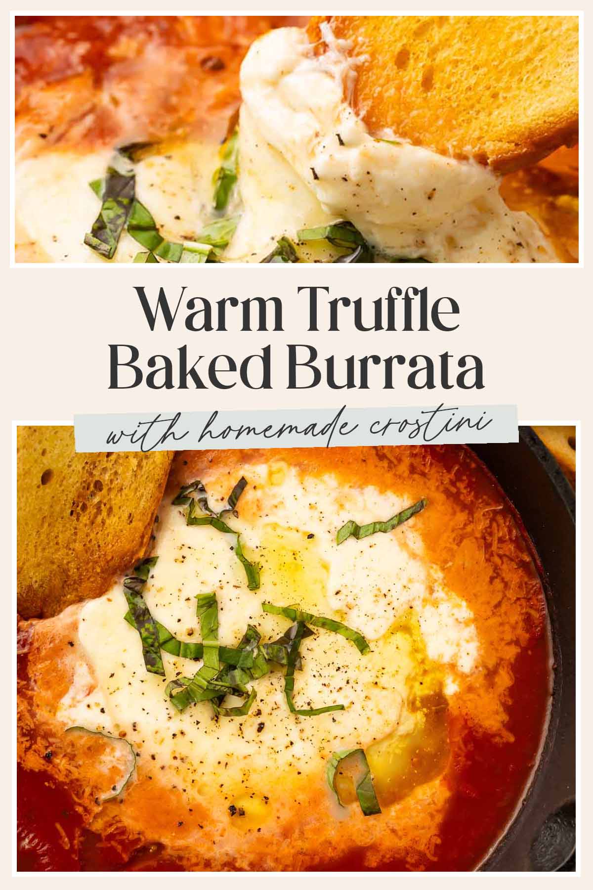 Pin graphic for baked burrata.