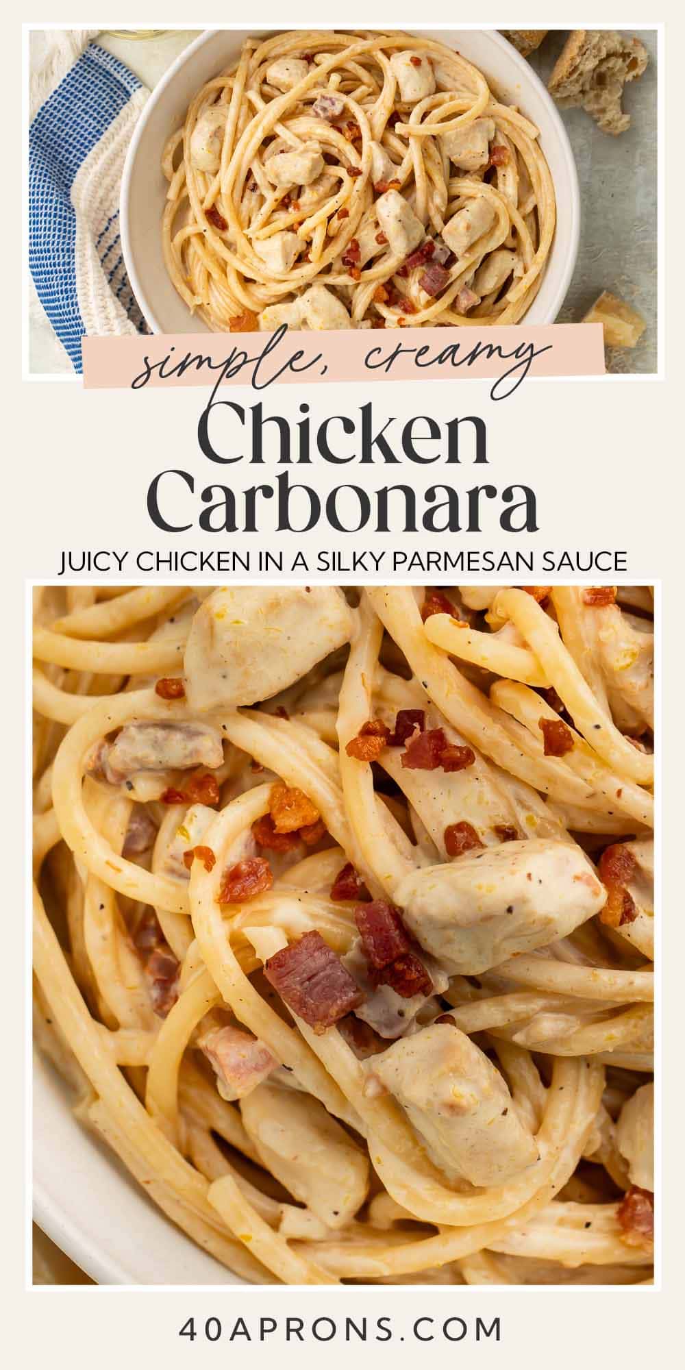 Pin graphic for chicken carbonara.