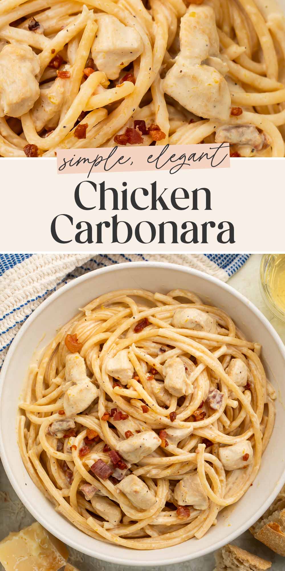 Pin graphic for chicken carbonara.