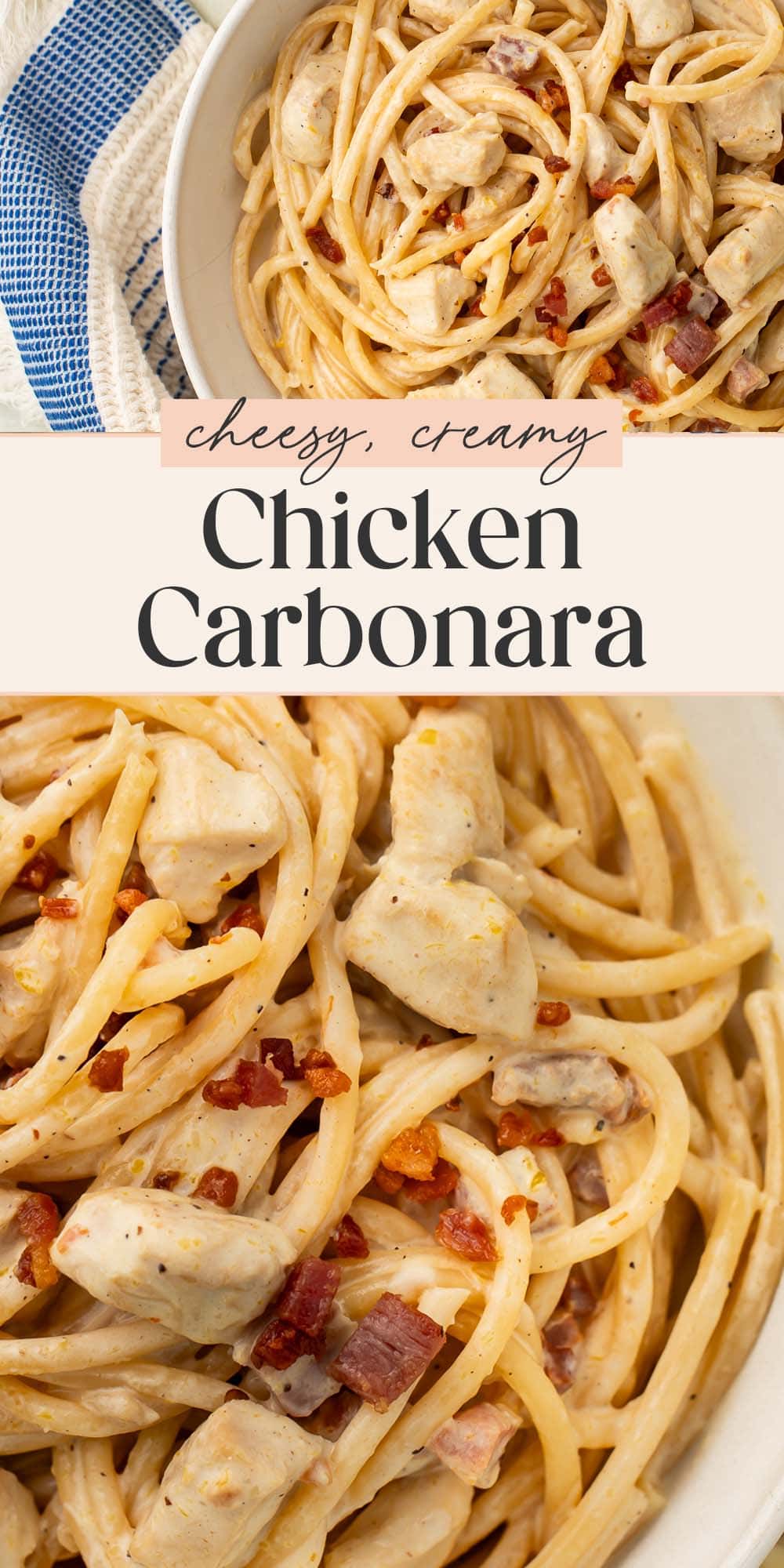 Pin graphic for chicken carbonara.