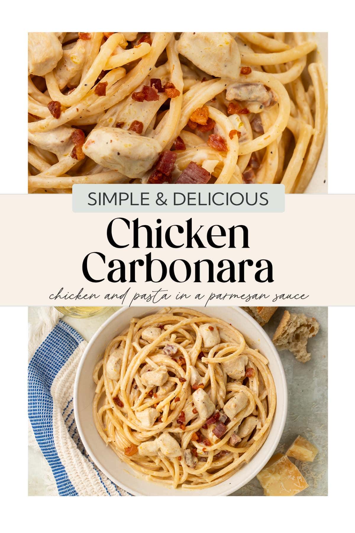 Pin graphic for chicken carbonara.