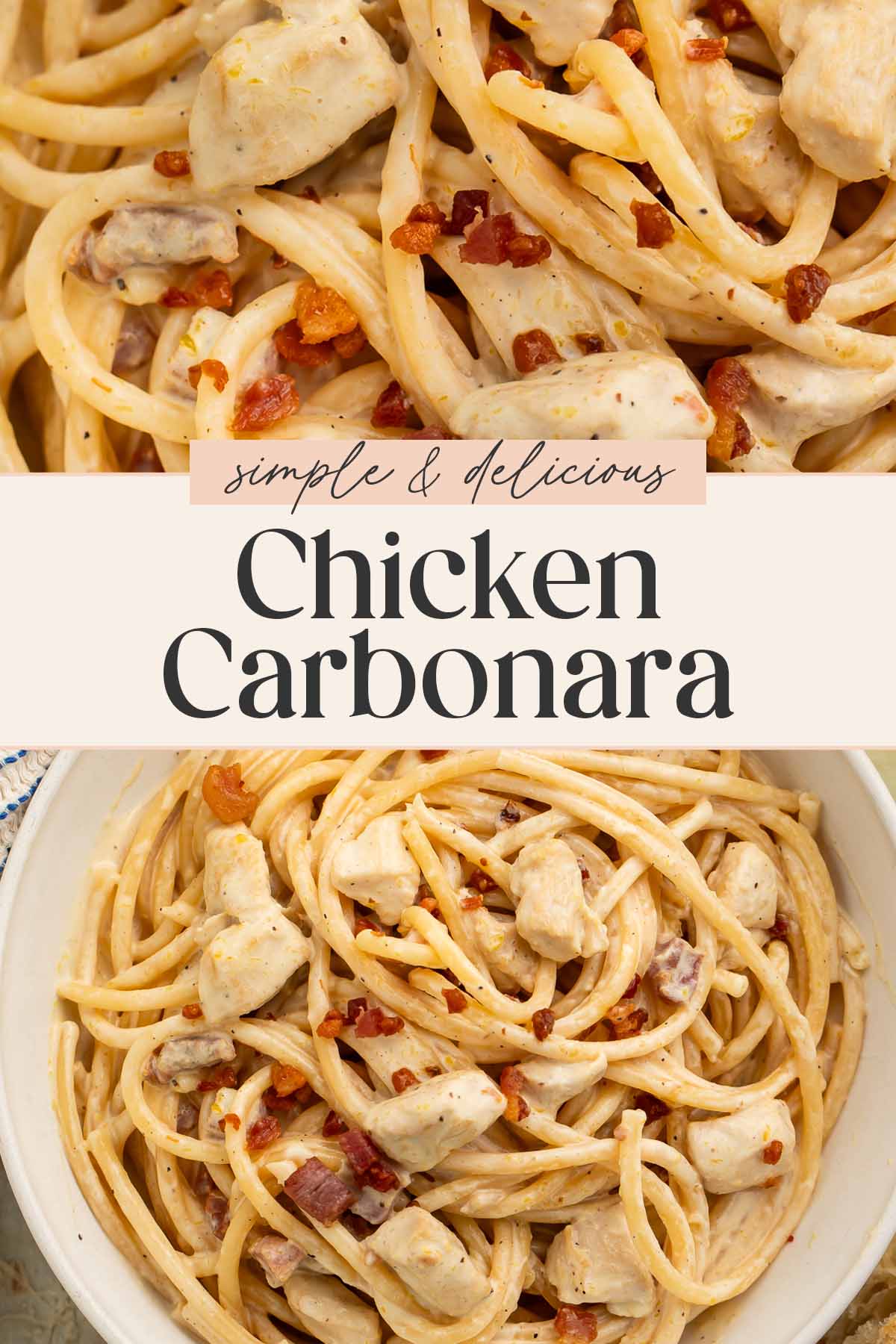 Pin graphic for chicken carbonara.