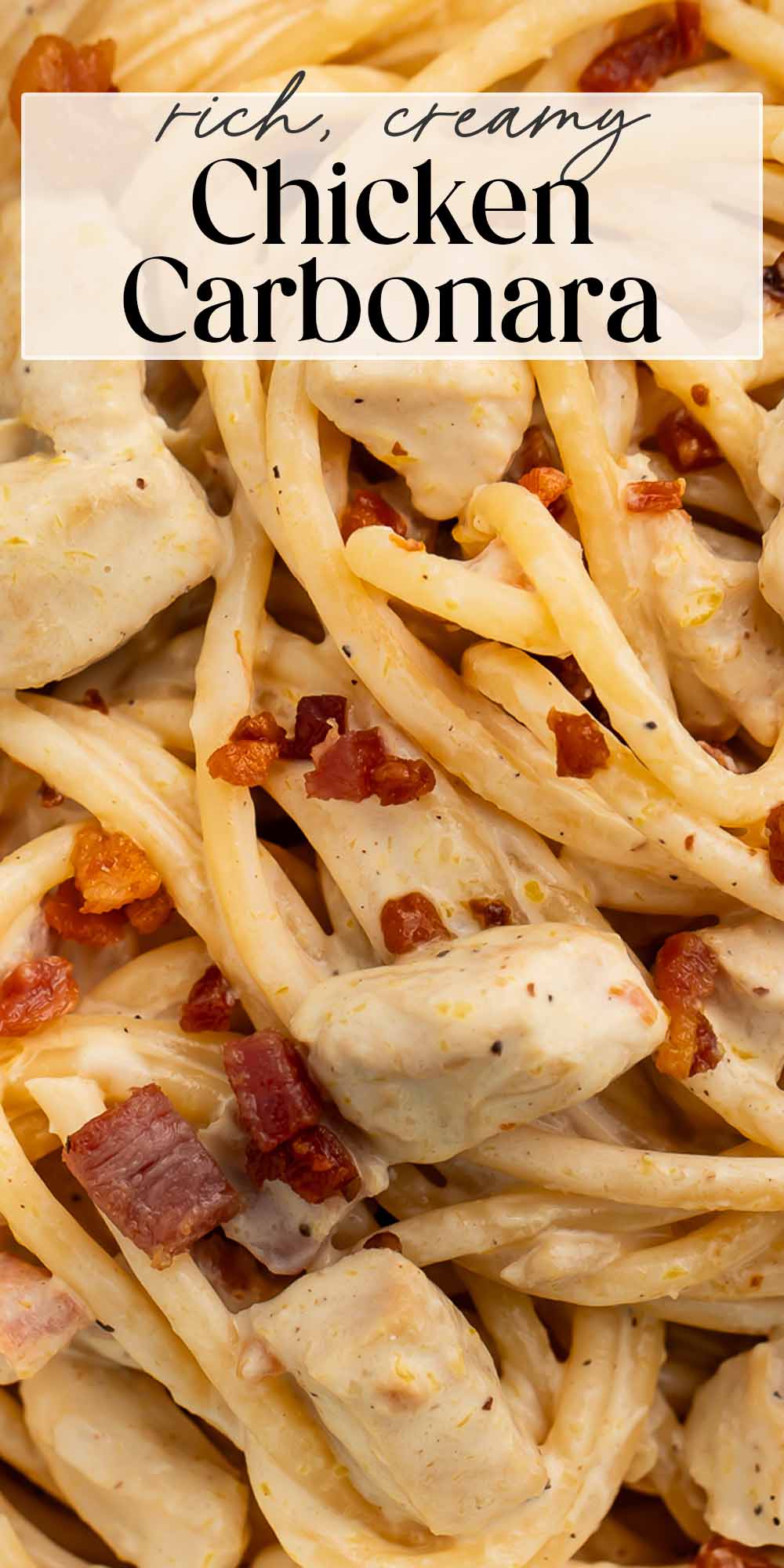 Pin graphic for chicken carbonara.