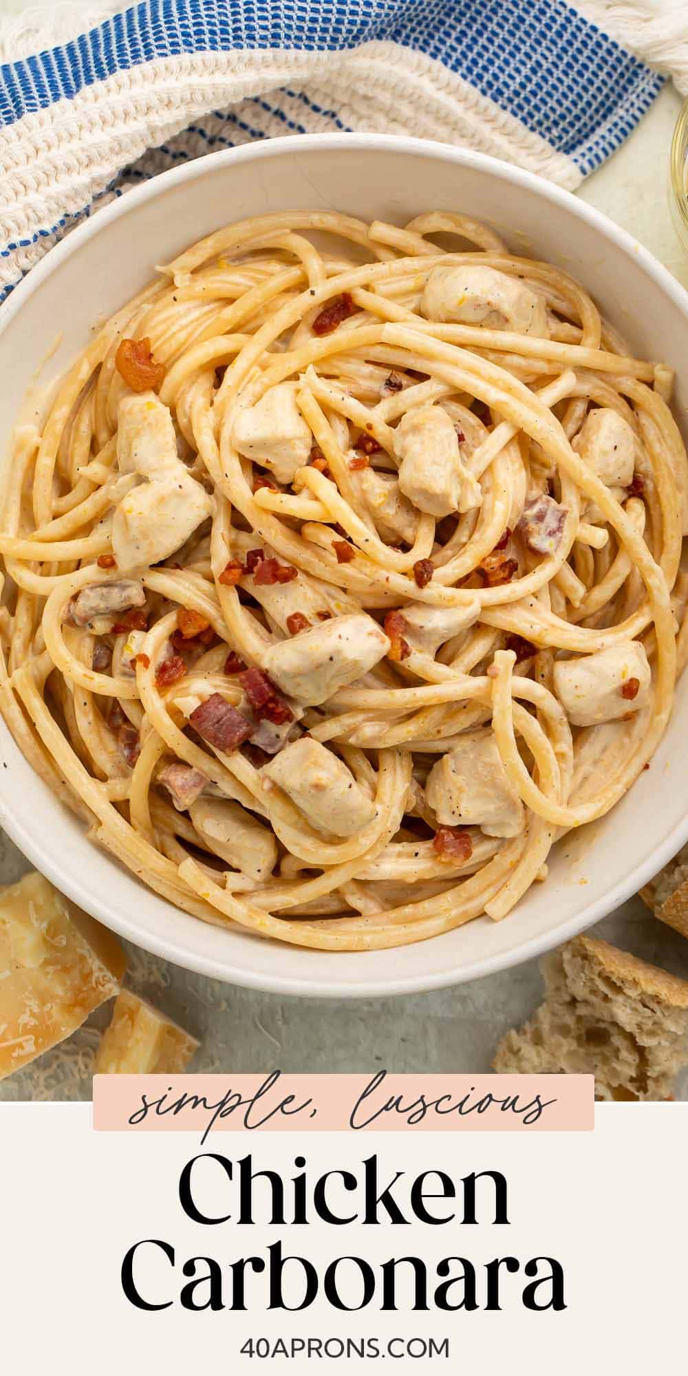 Pin graphic for chicken carbonara.