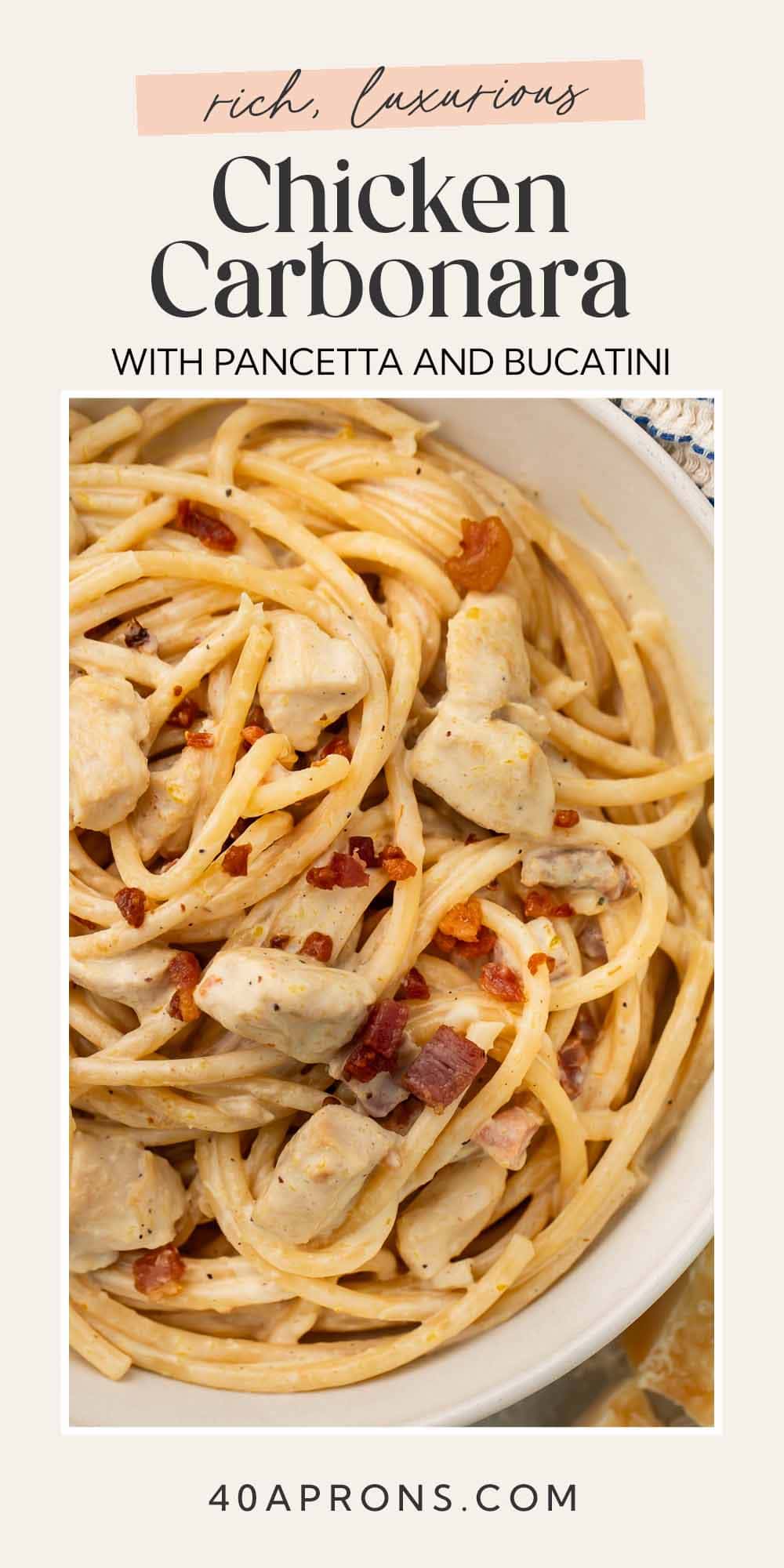 Pin graphic for chicken carbonara.