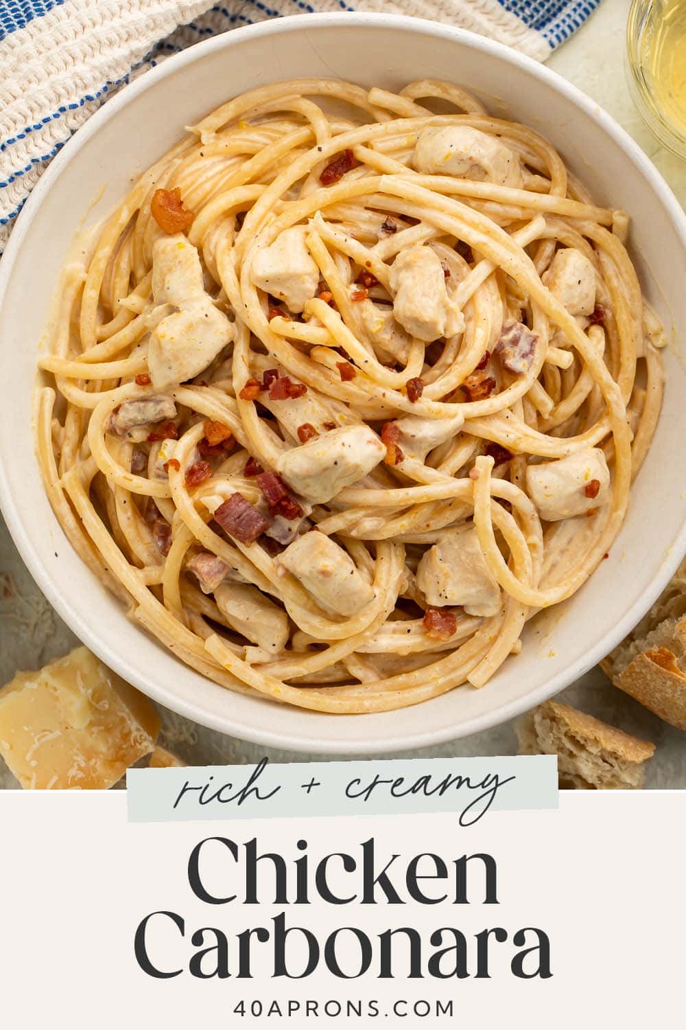 Pin graphic for chicken carbonara.