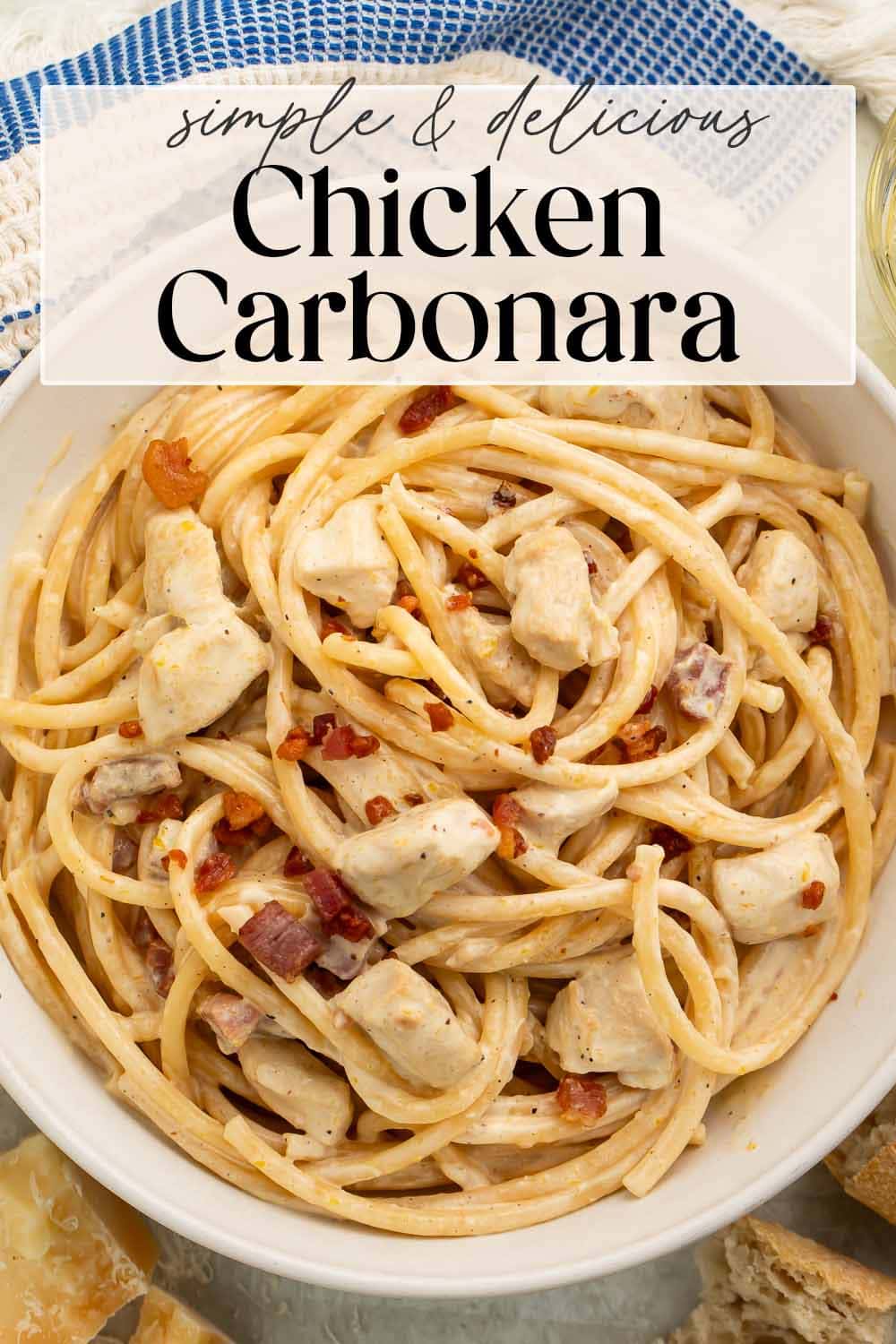 Pin graphic for chicken carbonara.