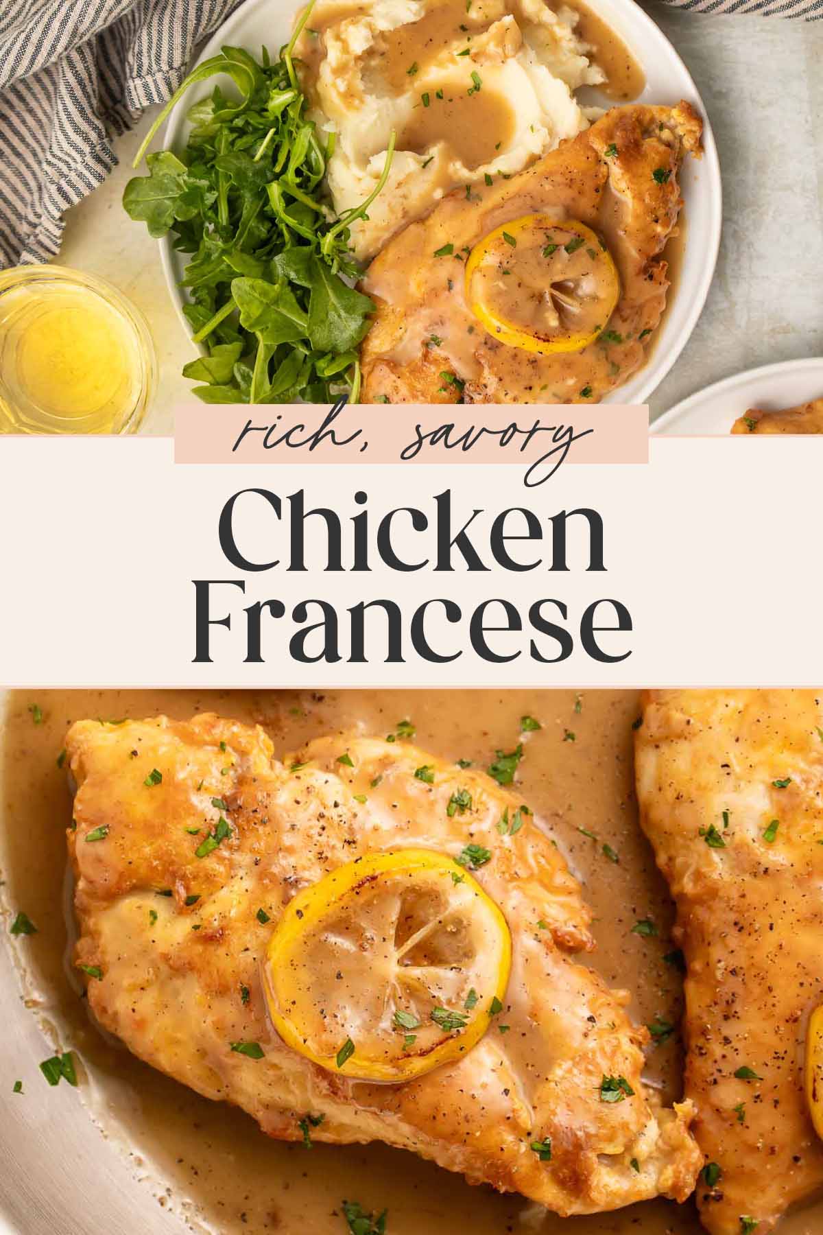 Pin graphic for chicken francese.